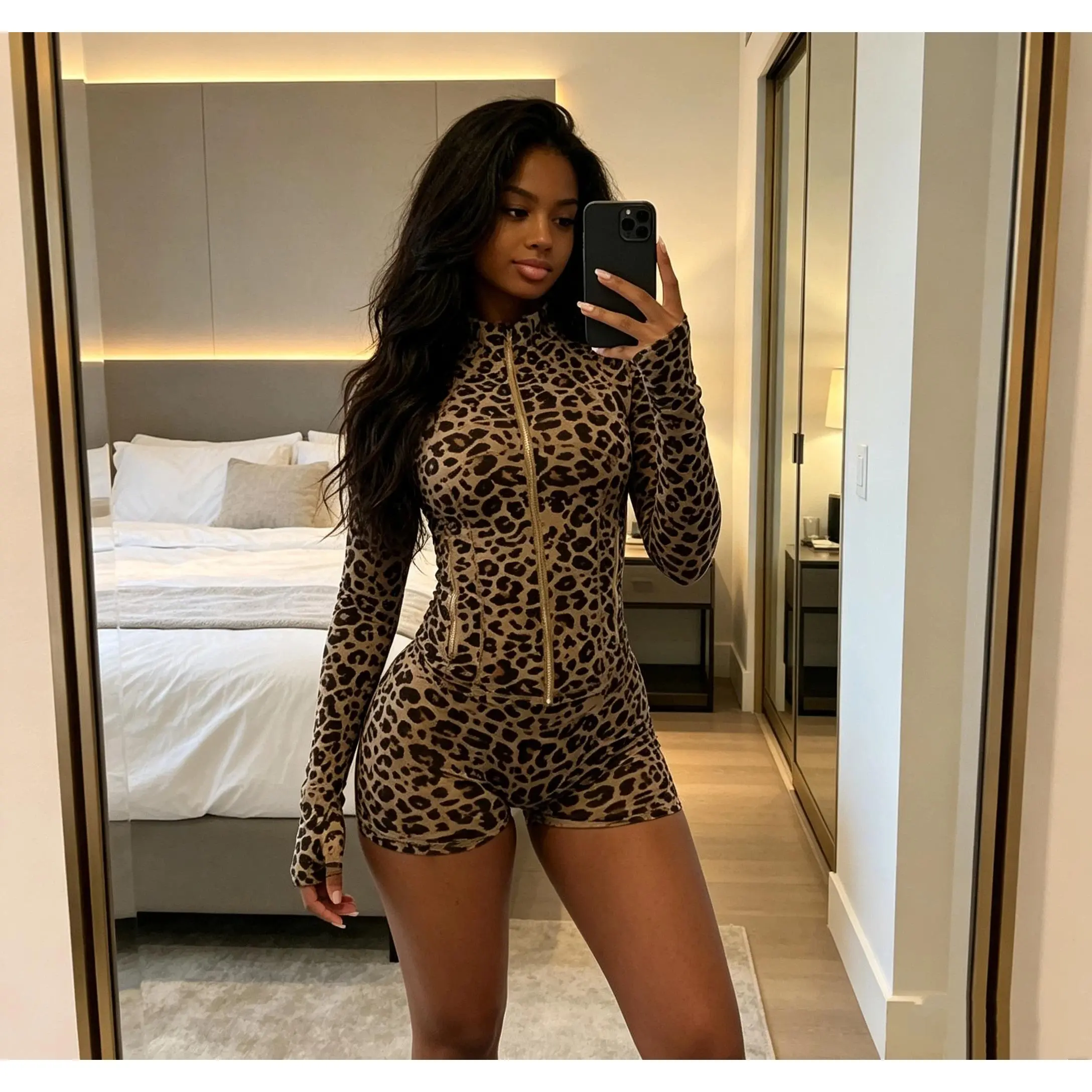 Women Leopard‑Print 2‑Piece Activewear Set, Full‑Zip Stand Collar Long‑Sleeve Jacket and High‑Waist Shorts, High‑Elastic Bodycon Workout Tracksuit for Gym Exercise, Street Fashion and Daily Casual Wear