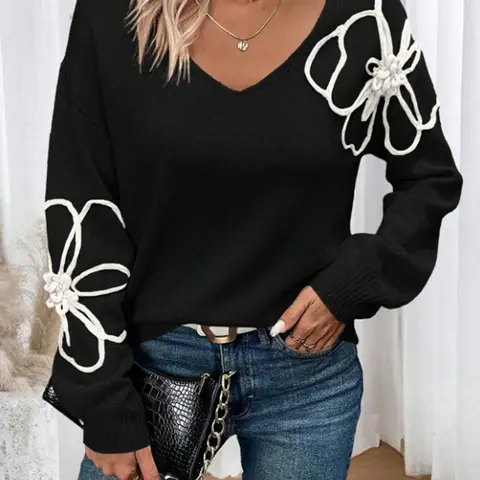 Women's Floral Design Drop Shoulder Loose Oversized Sweater Pullover Tops, Casual Long Sleeve V Neck Jumper for Fall & Winter, Fashion Ladies' Knitwear for Daily Wear, Womenswear