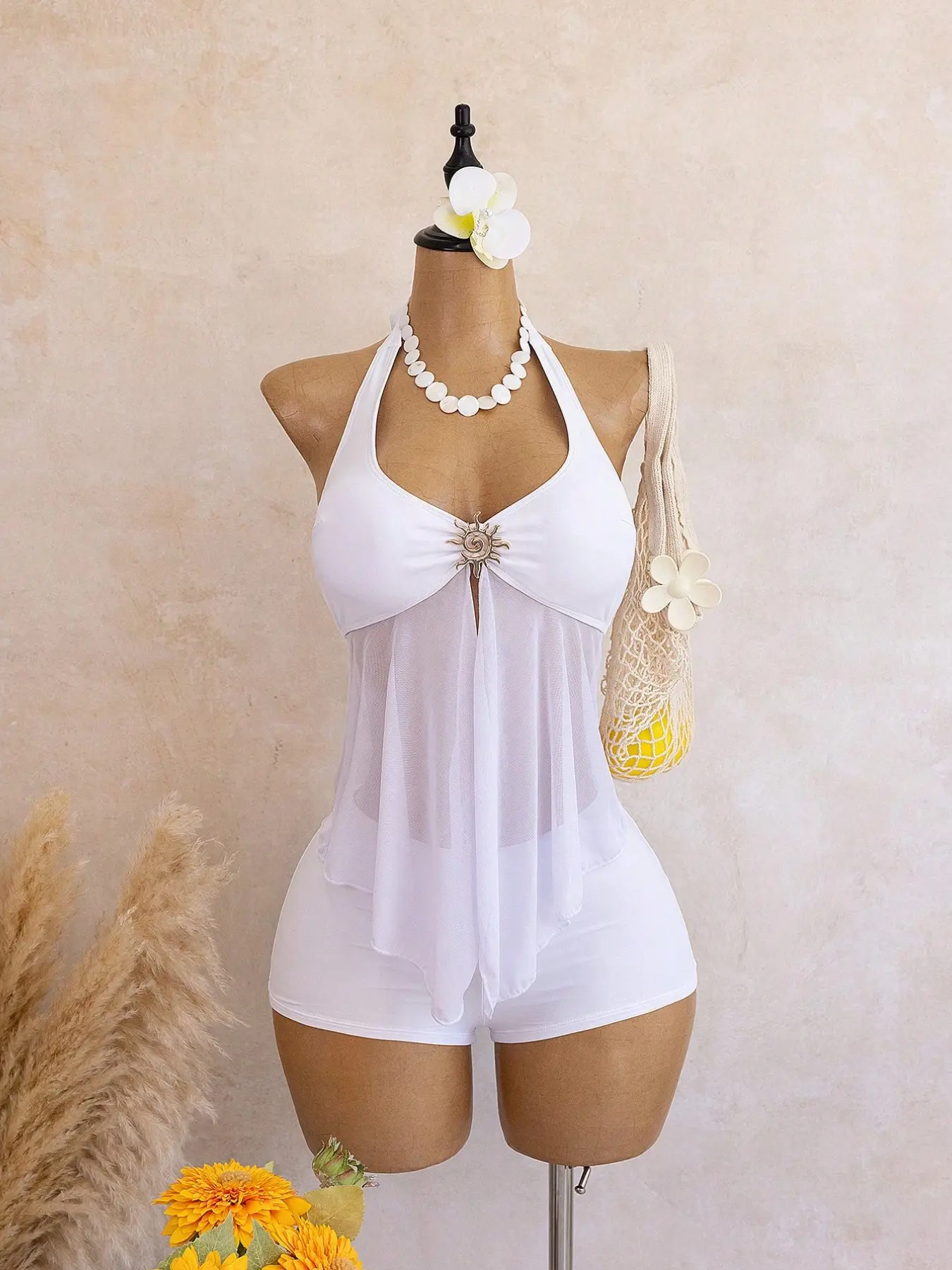 Summer Women's Pure Halter Neckline Tankini Top Sun Metal Buckle Swimsuit, Flowy Mesh Bottoms, Beach Vacation Two-Piece Set, Conceals Belly Fat, Fashion Tankini Swimsuit, Tankini Outfit Swimsuit
