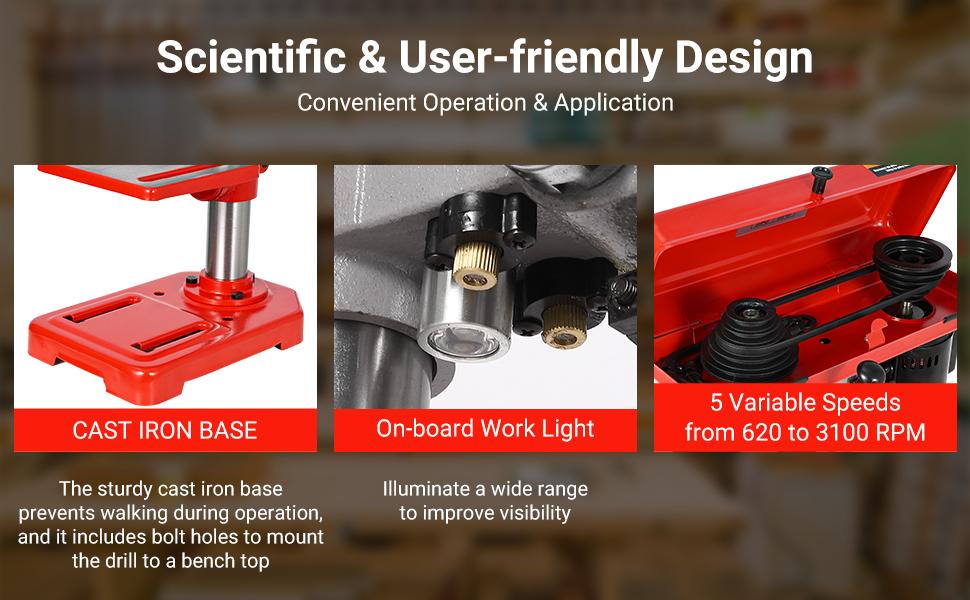 8" Benchtop Drill Press, Laser Ray (Class II Max. 1mW), Tabletop Drilling Machine with 5 Adjustable Speeds (620 to 3100 RPM), 0-45°Tilting Worktable with LED Light (1W), for Wood or Metal