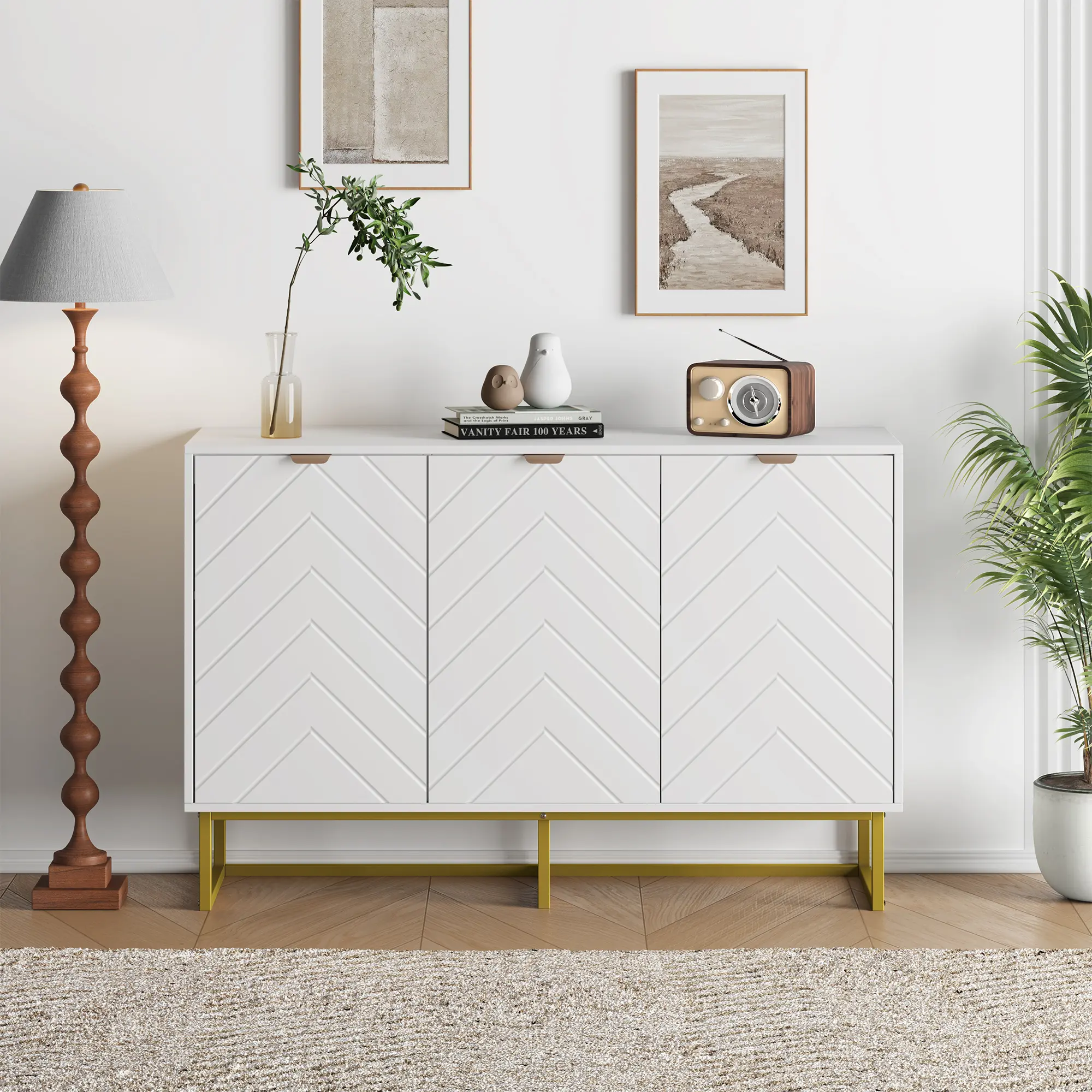 Modern Sideboard Buffet Cabinet – Ample Storage, Adjustable Wood Shelves, Herringbone Double Doors – Versatile Credenza Console Table for Dining Room, Kitchen, Living Room, Entryway