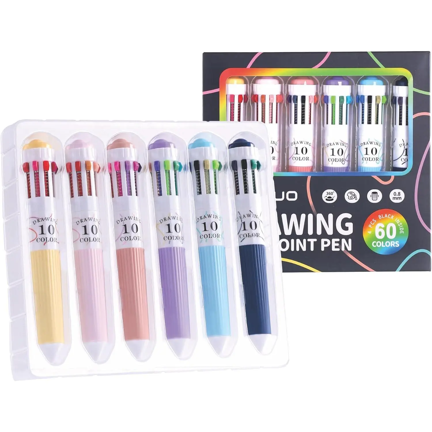 60 Colors Multicolor Ballpoint Pens, 10-in-1 Colored Pen, 0.8mm Tip | 6 Pack, Retractable Colored Ballpoint Pen, Easy Color Switching, Smooth Ink Flow,  for Drawing, Note-Taking, Journaling