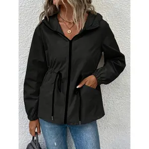 Jacket with Drawstring Zipper And Hood