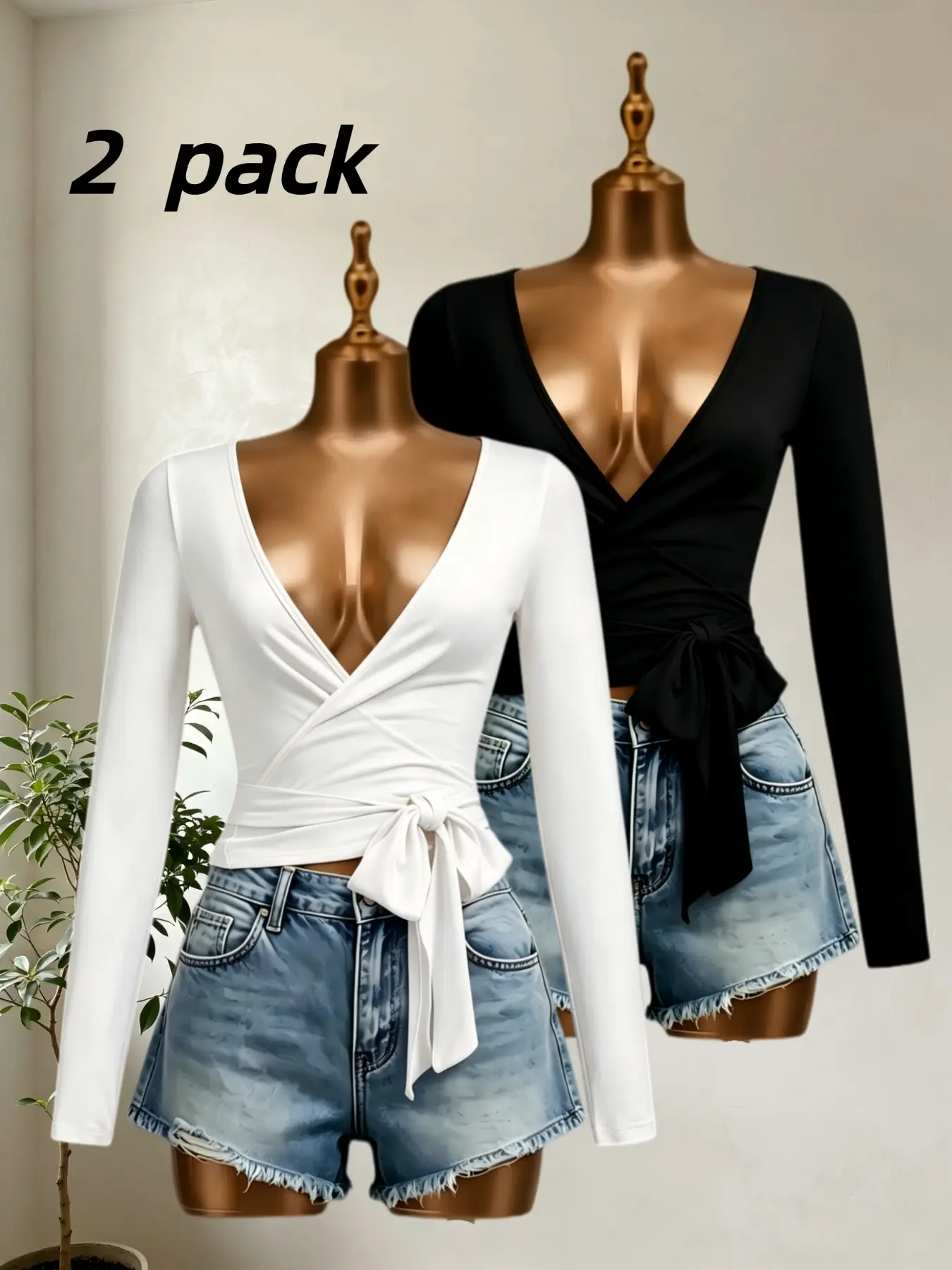 Light Sporty Pure Desire Korean Style Deep V Cross Wrap Top, Blouse Shirts, Slimming Waist Effect, Long Sleeve, Side Bow Design, Choose 1/2/3 Pieces