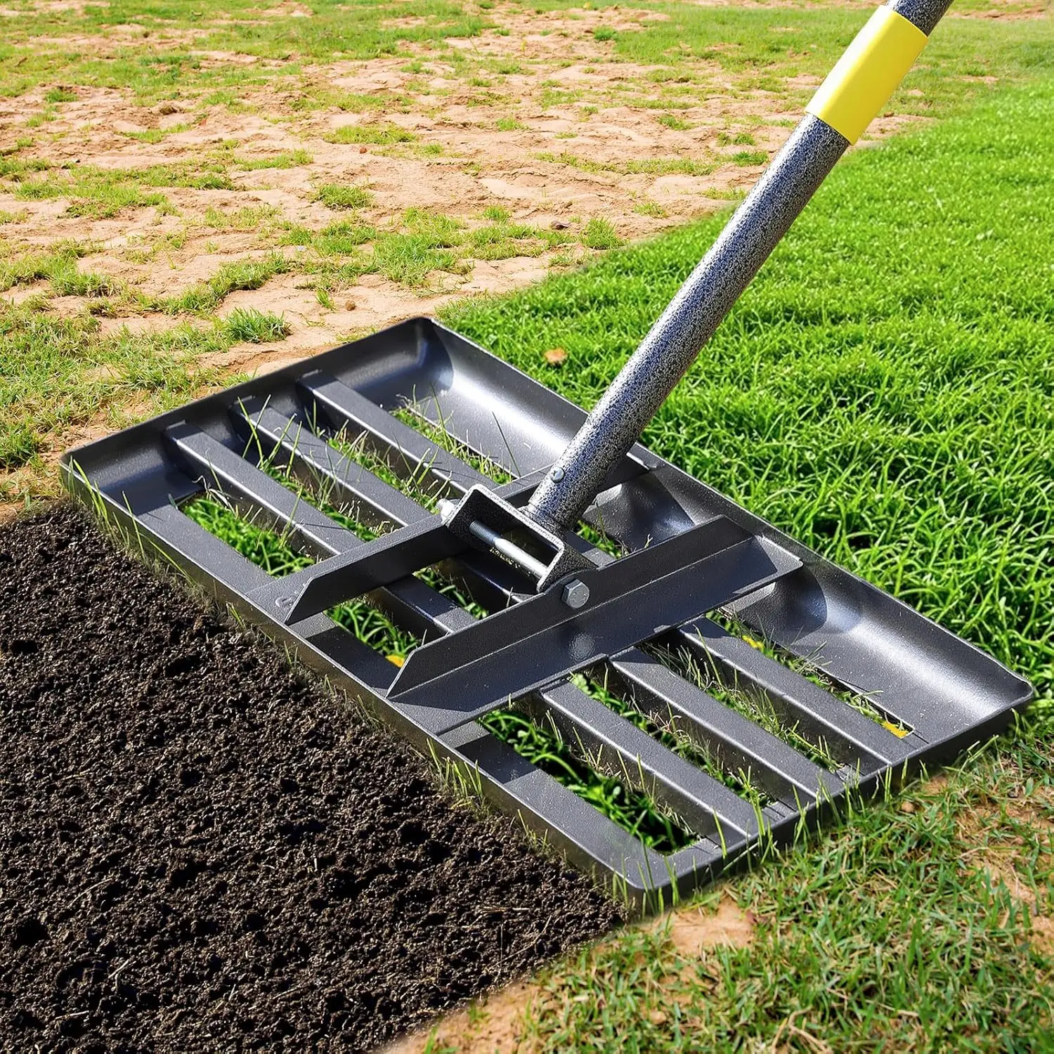 Lawn Leveling Rake, 60 Inch Adjustable Long Handle Leveling Rake, Black Heavy Duty & 1 Inch Diameter Stainless Steel Handle Lawn Rakes, Lawn Leveler Tool for Soil Grass Golf Field Yard