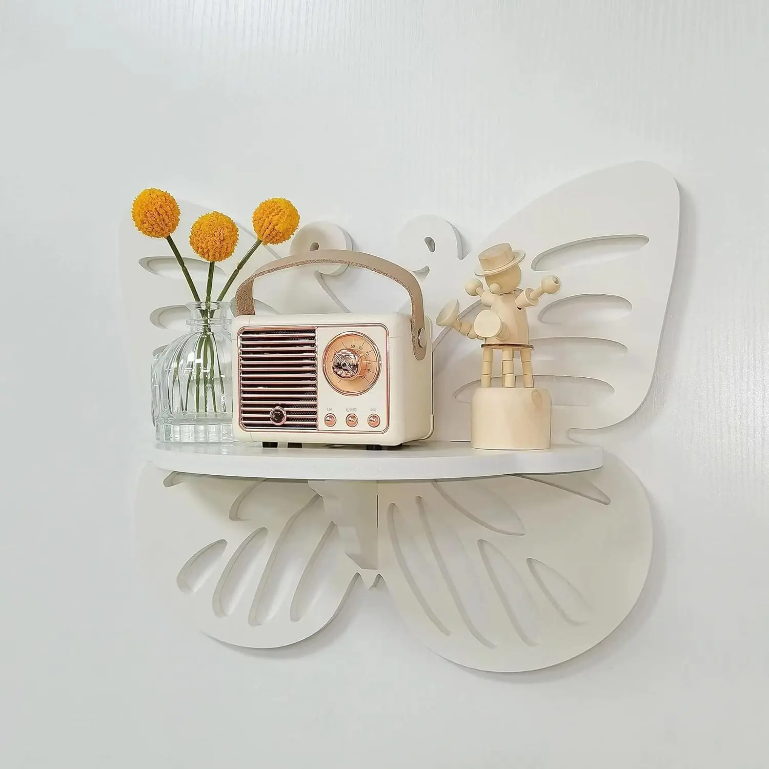Butterfly Shaped Nursery Wall Deor Floating Shelf, Cute Wall Display Rack for Kid’s Room, Small Decorative Shelf Wall Mounted, White Hanging Wall Shelf for Toys, Plants and Decorations Storage, White