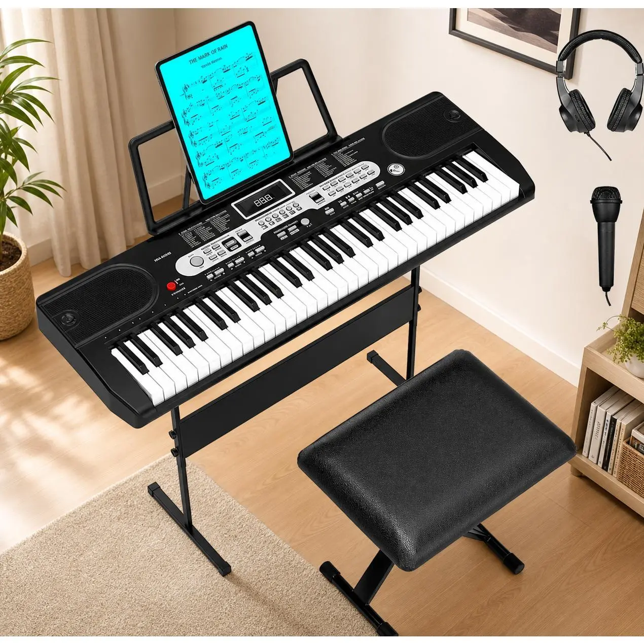 61‑Key Educational Electronic Keyboard Piano, Full Beginner Bundle with Stand, Stool, Headset, Microphone and Carry Bag, Portable Music Learning Toy for Home Practice