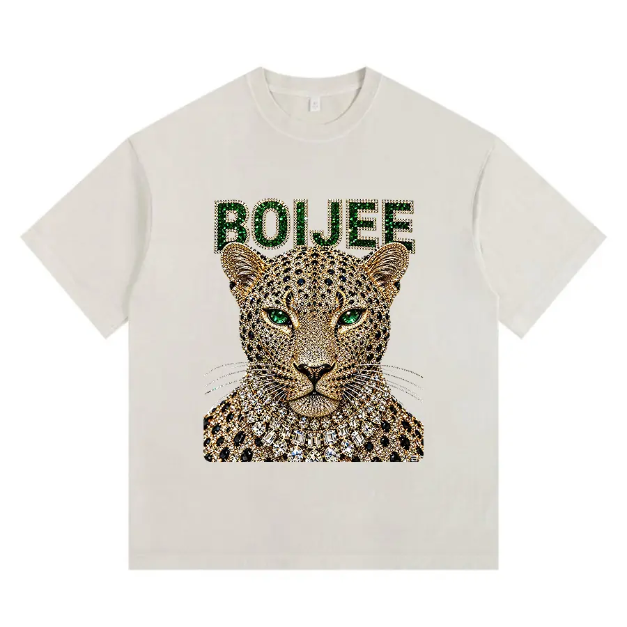 Washed T-shirt with diamond leopard print; loose-fitting, soft, pure cotton crew-neck tee featuring dropped shoulders and short sleeves; Western street style; animal print., Shortsleeve, Graphic Tees Women, Women's Graphic Tees