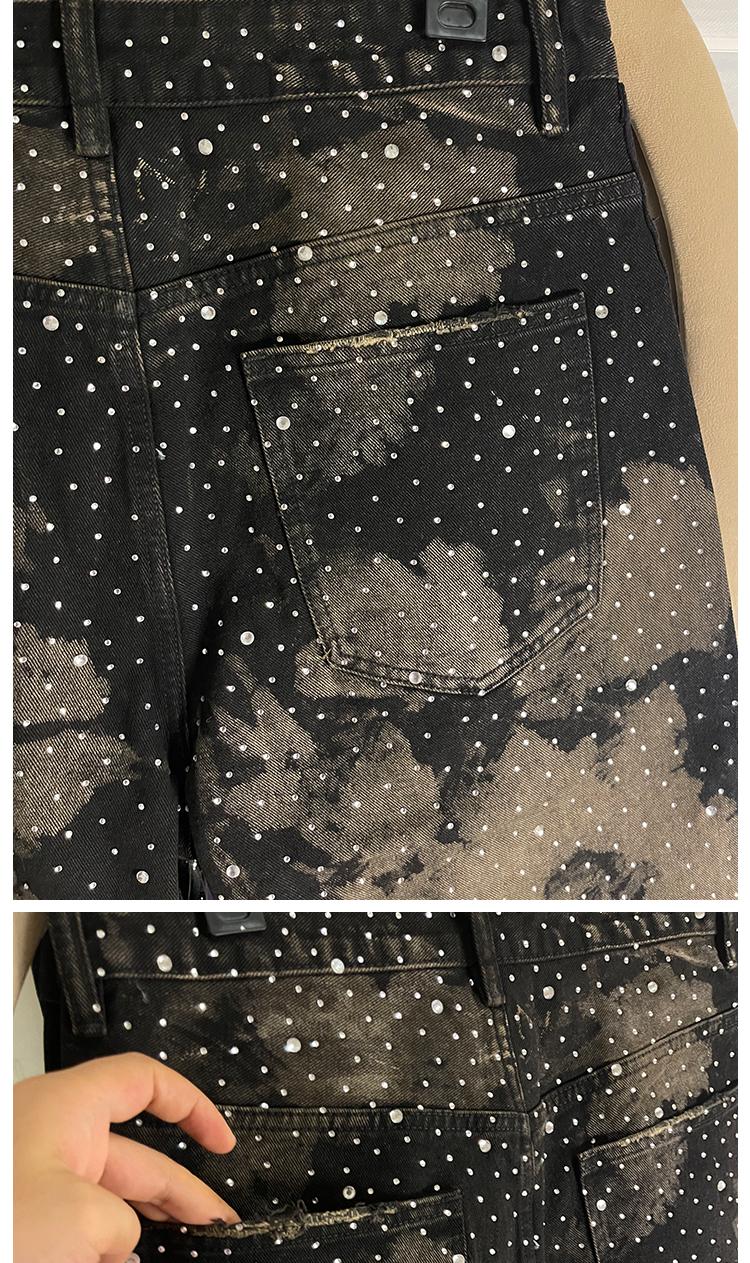 Parisian Sle Heavy Du Rhinestone Rivet Denim Jeans Loose Straight Leg Wide Leg Pants ex American Retro Trendy Brand