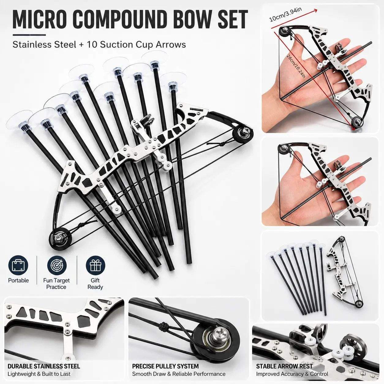 Mini Compound Bow Set, Portable Stainless Steel Practice Bow, Includes 10 Soft-Tip Arrows, Ideal for Archery Training, Durable & Lightweight Design