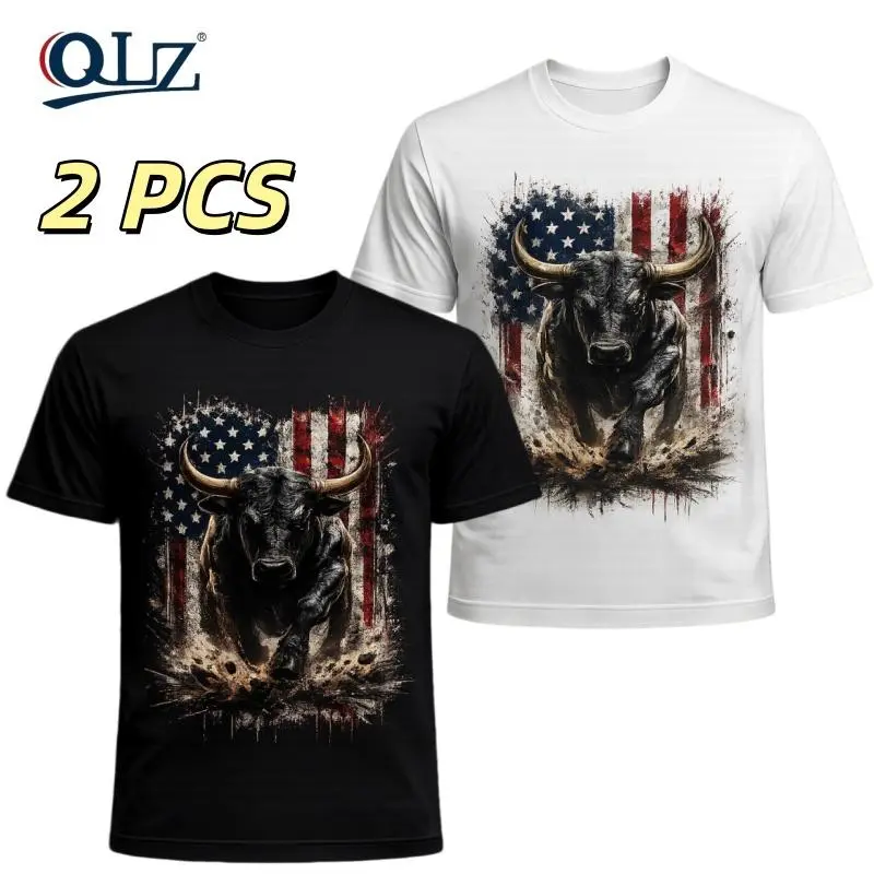 2pcs-T-Shirt with Cow Head Design - Stand for Flag, Kneel for Cross - Religious Shirt |       American Pride Cross Design Tee for Men |       Conservative Christian Cotton Clothing