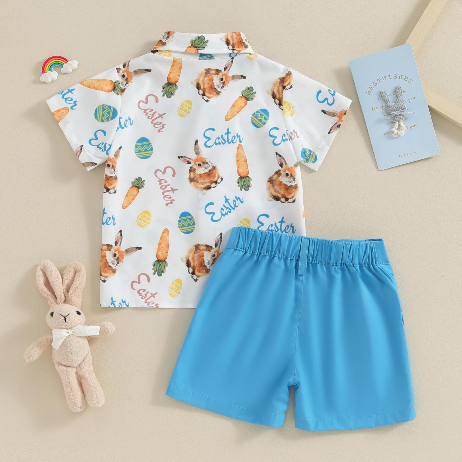 Babamoon Toddler Baby Boy Easter Outfits Carrot Rabbit Print Short Sleeve Button Down Shirt Top Solid Shorts Set Summer  2Pcs Clothes