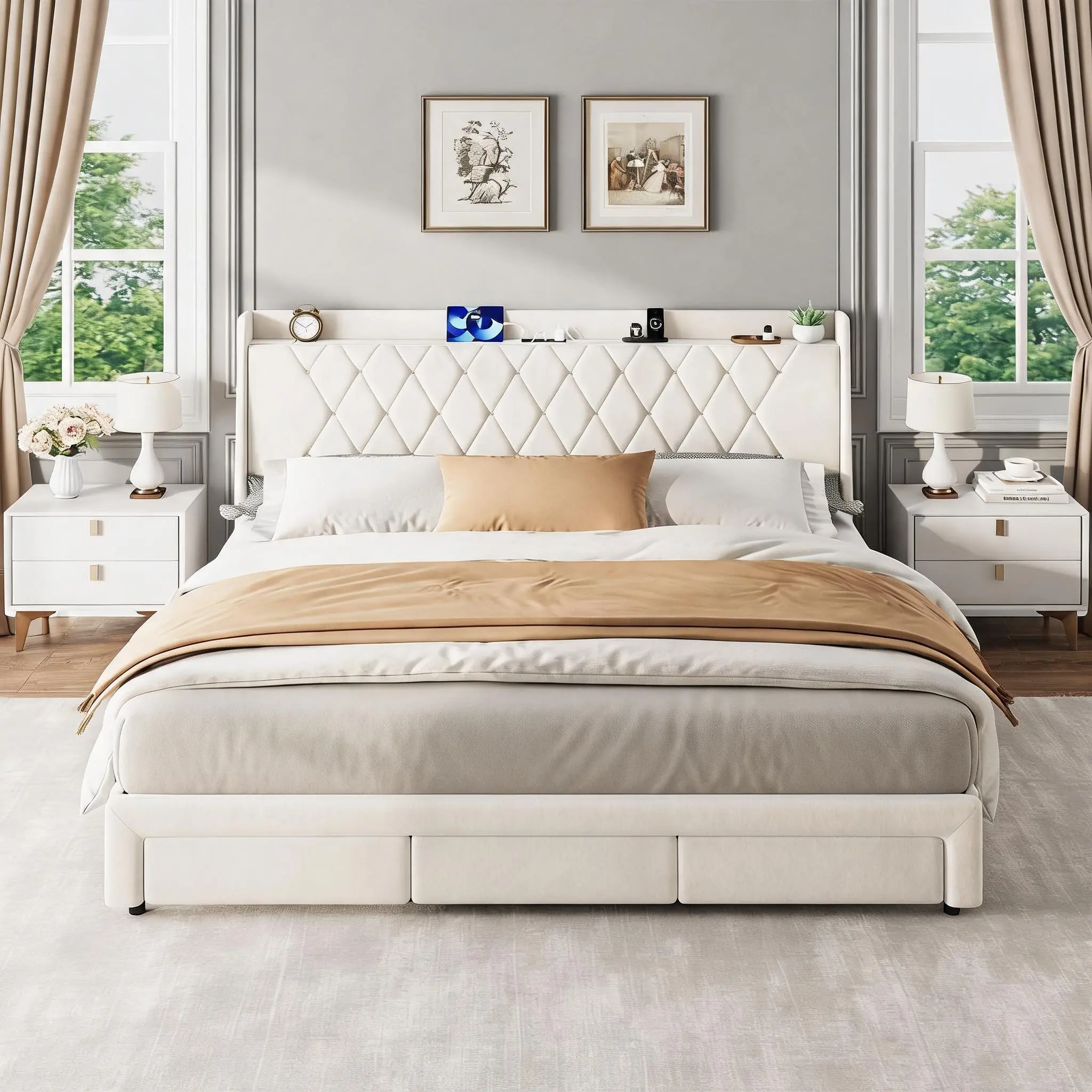 Gaomon Modern Velvet Upholstered Queen Size Bed Frame with Crystal-Tufted Headboard, 2 Storage Drawers, Charging Station - Stable Bedroom Furniture for Bedroom (Bed Frames Collection) by Sohochic