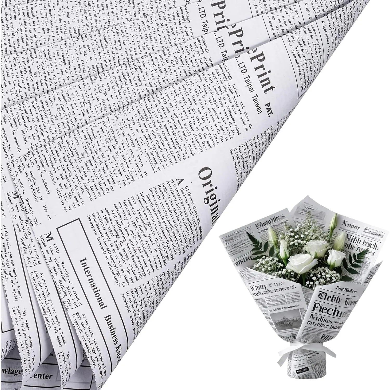 RUSPEPA 20 Sheets Kraft Newspaper Flower Wrapping Paper, Reversible Floral Bouquet Paper, White Kraft Newsprint Design for Birthday, Florist Supply, Wedding, Valentine's Day, Mother's Day and DIY