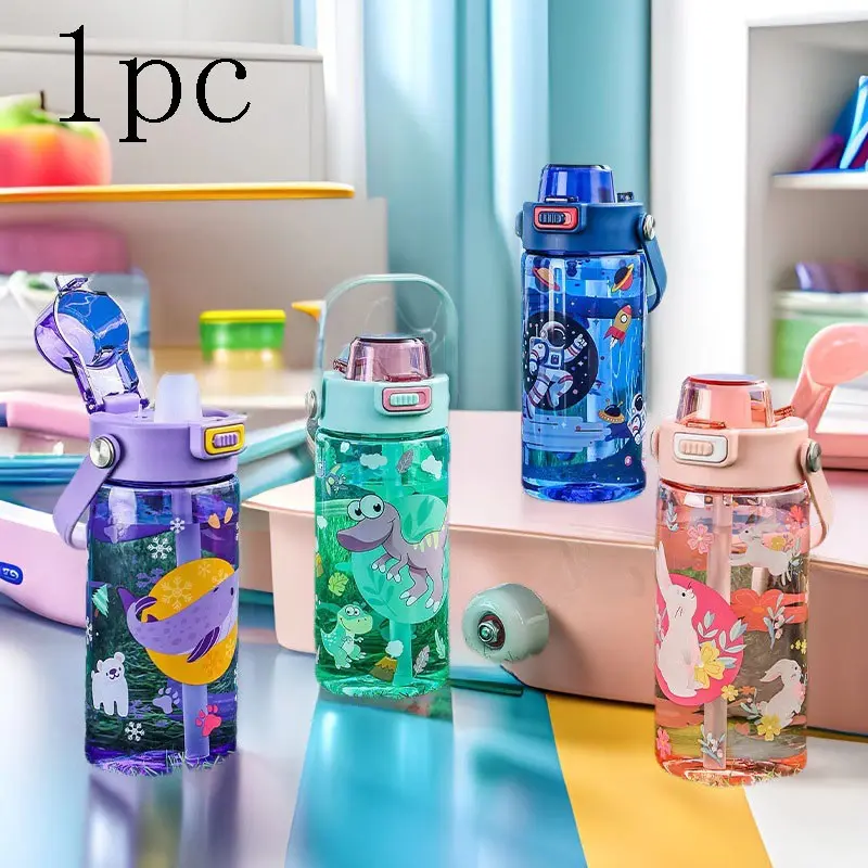 600ML Cartoon Pattern Water Bottle with Straw, Leak-Proof Flip Lid, Portable Design, Ideal for School, Outdoor Travel, Daily Use