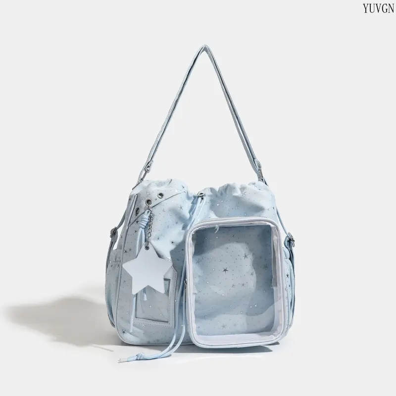 Star Print Ita Bag Crossbody Shoulder Bag, Clear Window Display Purse, Drawstring Casual Handbag with Star Pendant, Lightweight Daily Cosplay Storage Bag for Girls tiktokshopbacktoschool