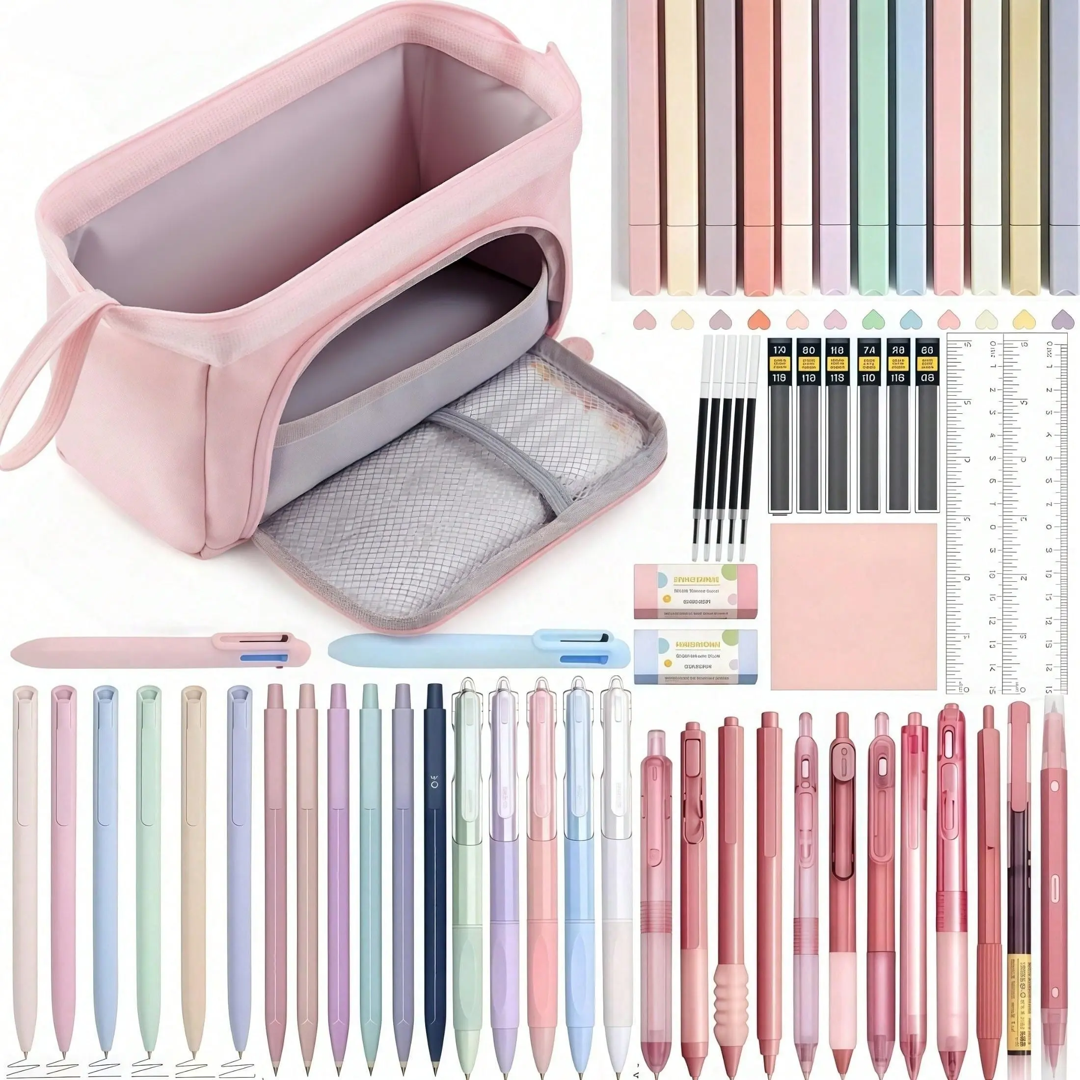 61PCS Aesthetic Office with Large Pencil Case, Black Ink 0.5 mm Fine Point Smooth Writing Gel Pens, Mechanical Pencils Set, 12 Highlighters, Sticky Notes, Stationery Bag, Back to School Kit, School Study Supplies for Teens, Girls, Adults and Students