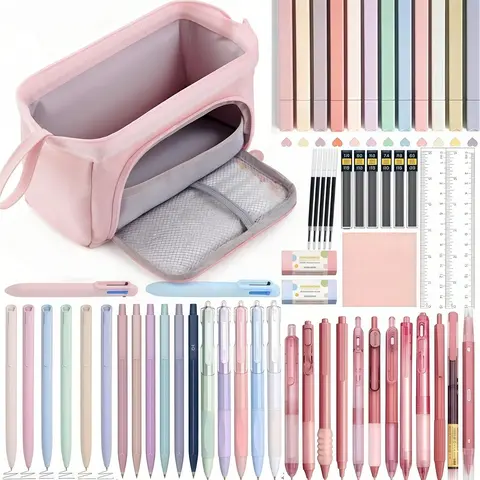 61PCS Aesthetic Office with Large Pencil Case, Black Ink 0.5 mm Fine Point Smooth Writing Gel Pens, Mechanical Pencils Set, 12 Highlighters, Sticky Notes, Stationery Bag, Back to School Kit, School Study Supplies for Teens, Girls, Adults and Students