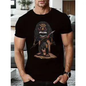 Angry Tiki Warrior Graphic T-Shirt Fierce Polynesian Hawaiian Tribal Totem Red Glowing Eyes Holding Wooden Spear Primitive Indigenous Native Island Culture Vintage Grunge Brown Distressed Retro Tiki Bar Beach Vacation Men's Graphic T-Shirt Unisex Oversize