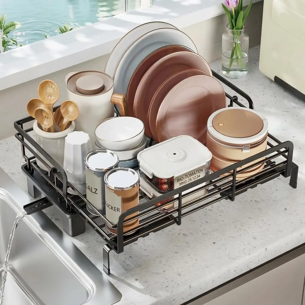 Expandable Adjustable Dish Drying Rack, Multi-Functional Extendable Kitchen Counter Dish Drainer, Large Capacity Storage Shelf for Apartment RV Small Space