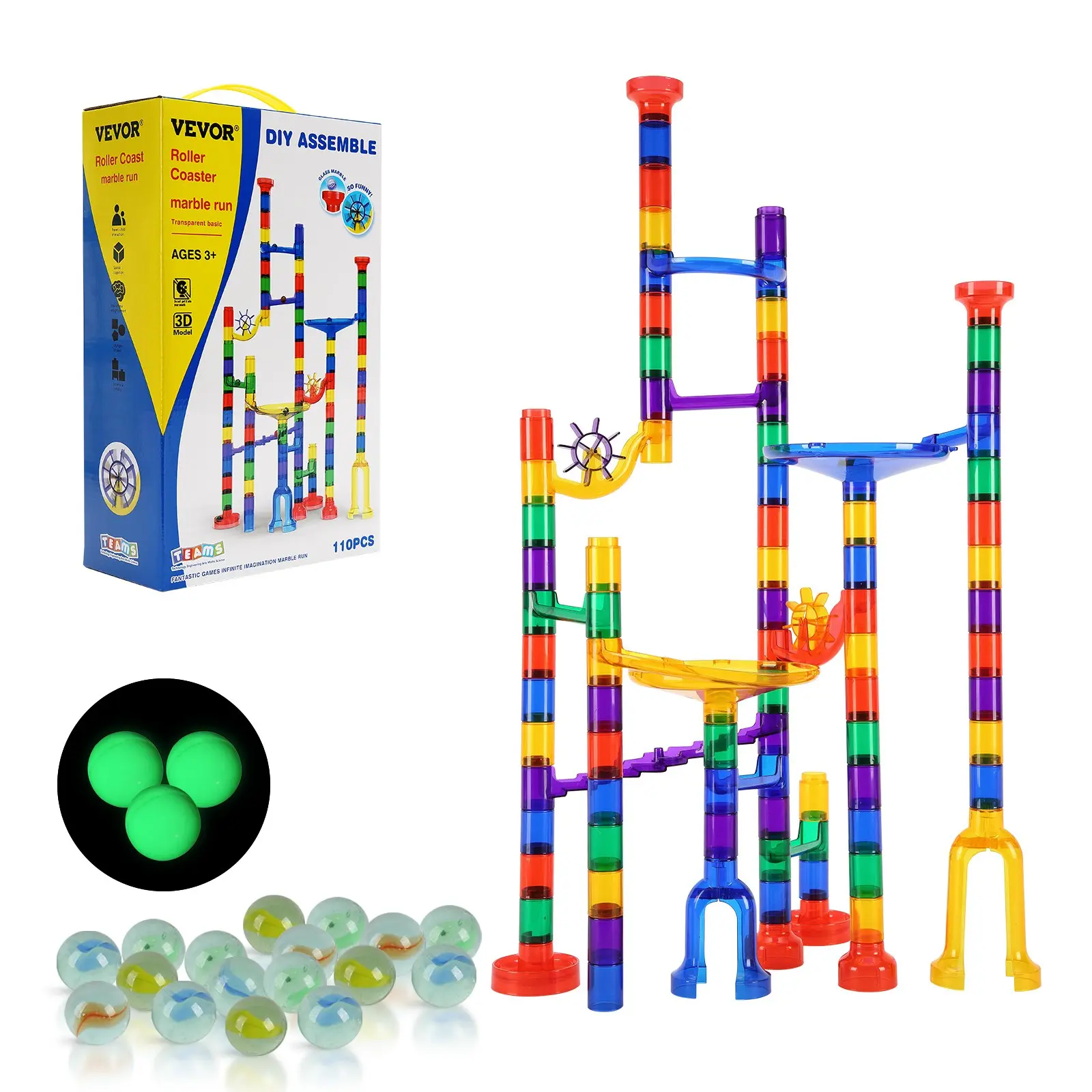 【DealsForYouDays】VEVOR Marble Run Set, 110 Piece Marble Maze Building Block Brain Game, with 10 Glow in the Dark Marbles+ 20 Glass Marbles, Educational Learning Race Track STEM Toys, for Kids, Boys, Girls Ages 3+