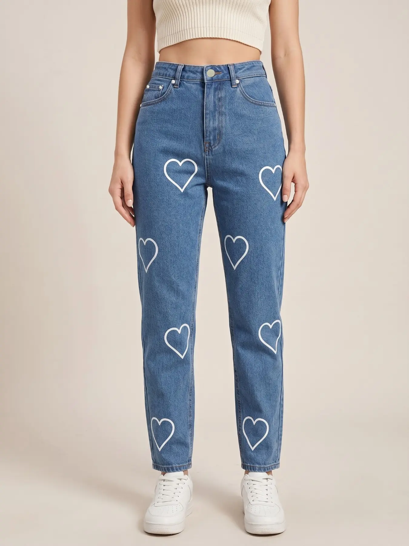 Women's High Waisted Heart Print Jeans Y2K Aesthetic Cute Denim Pants Slim Tapered Casual Streetwear Trousers Vintage Coquette Graphic Bottoms Trendy Viral TikTok Fashion Standard Fit