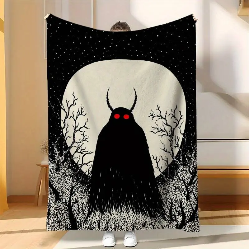 Mothman Red Eyes Full Moon Dark Forest Cryptid Flannel Throw Blanket Point Pleasant Moth Man Spooky Urban Legend Warm Blanket Gift Cryptid Fans All Ages