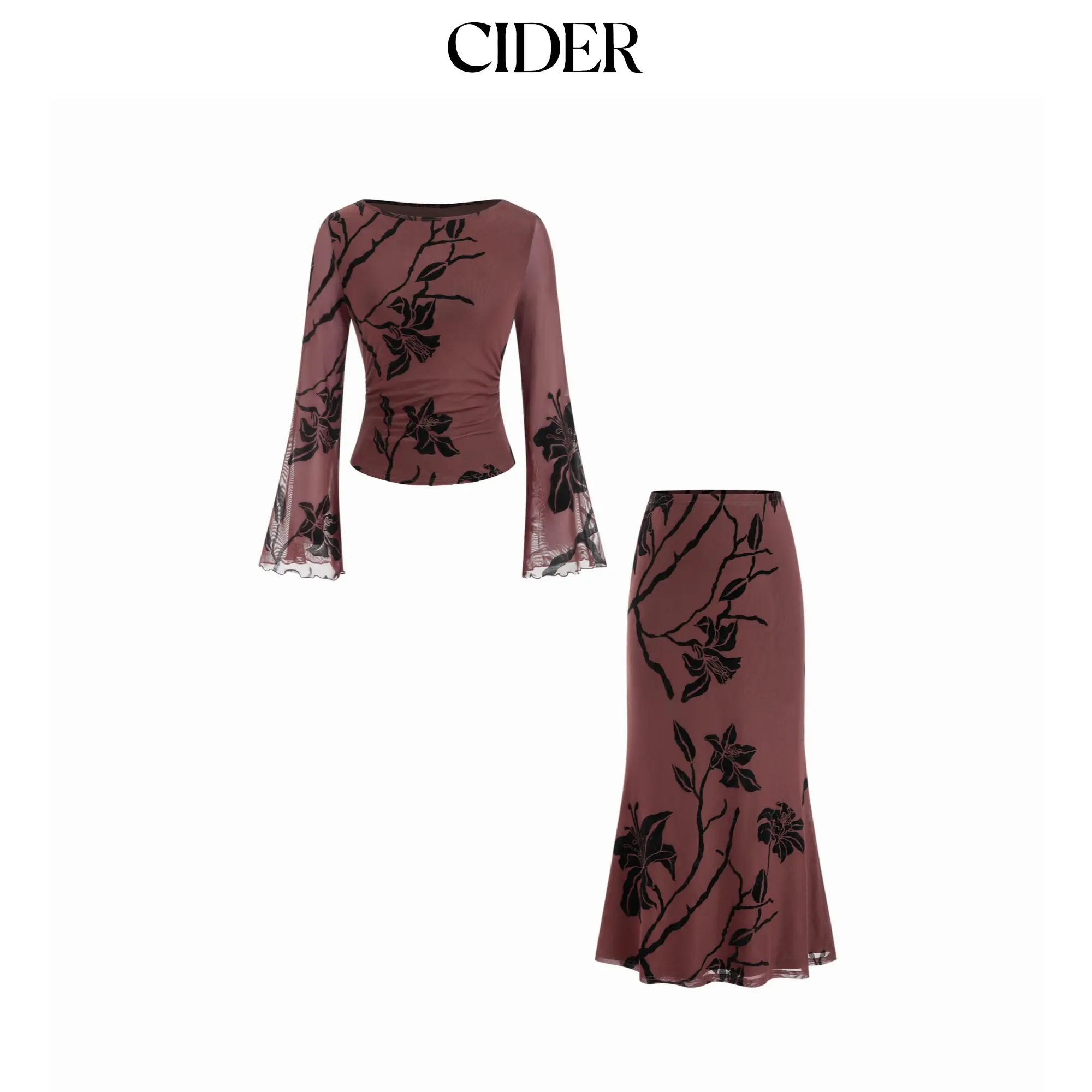 Cider Mesh Floral Boat Neck Bell Sleeve Top & Mid Rise Mermaid Maxi Skirt Set SohoChic