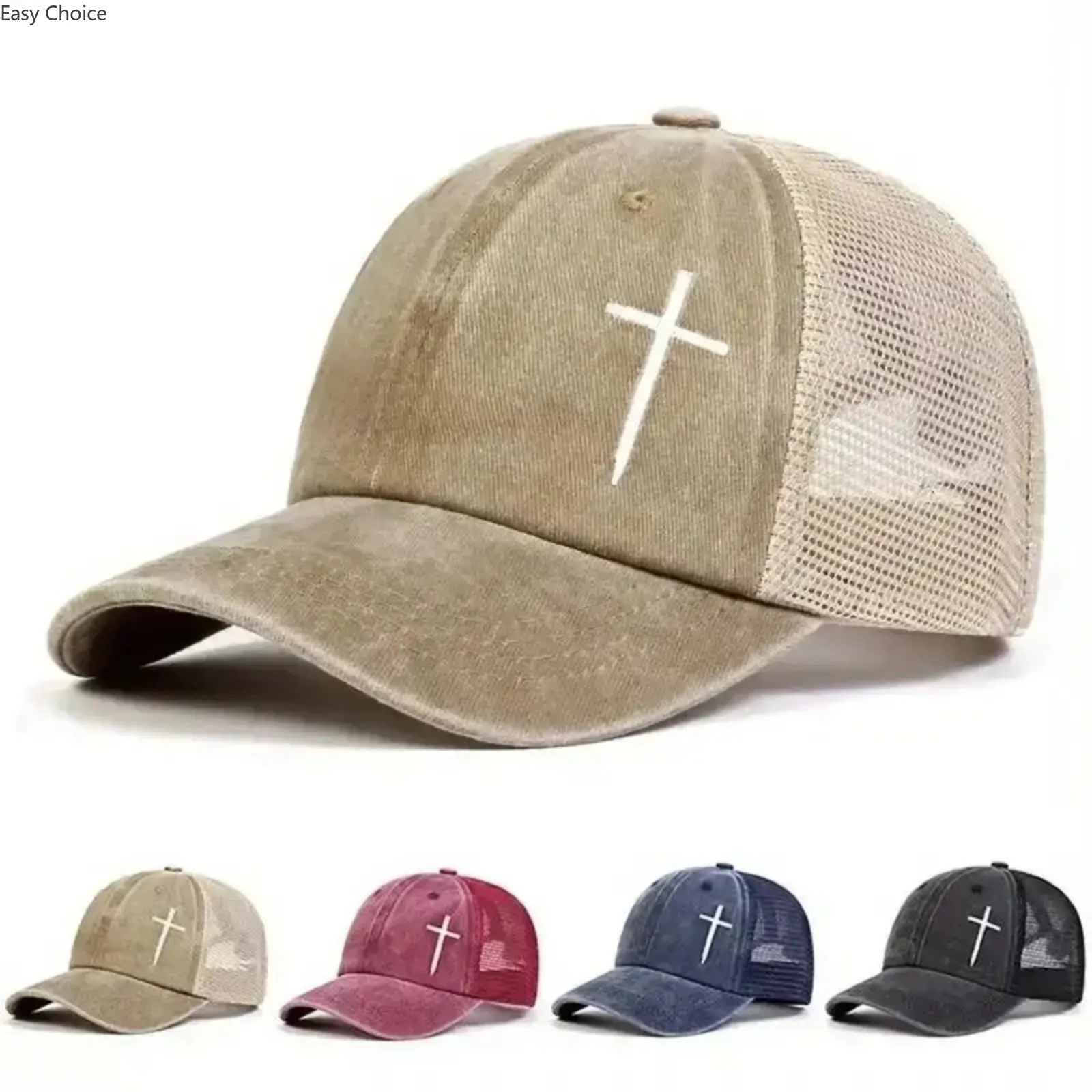 Vintage Christian Cross Embroidered Trucker Hat, Adjustable Mesh Outdoor Sports Baseball Cap