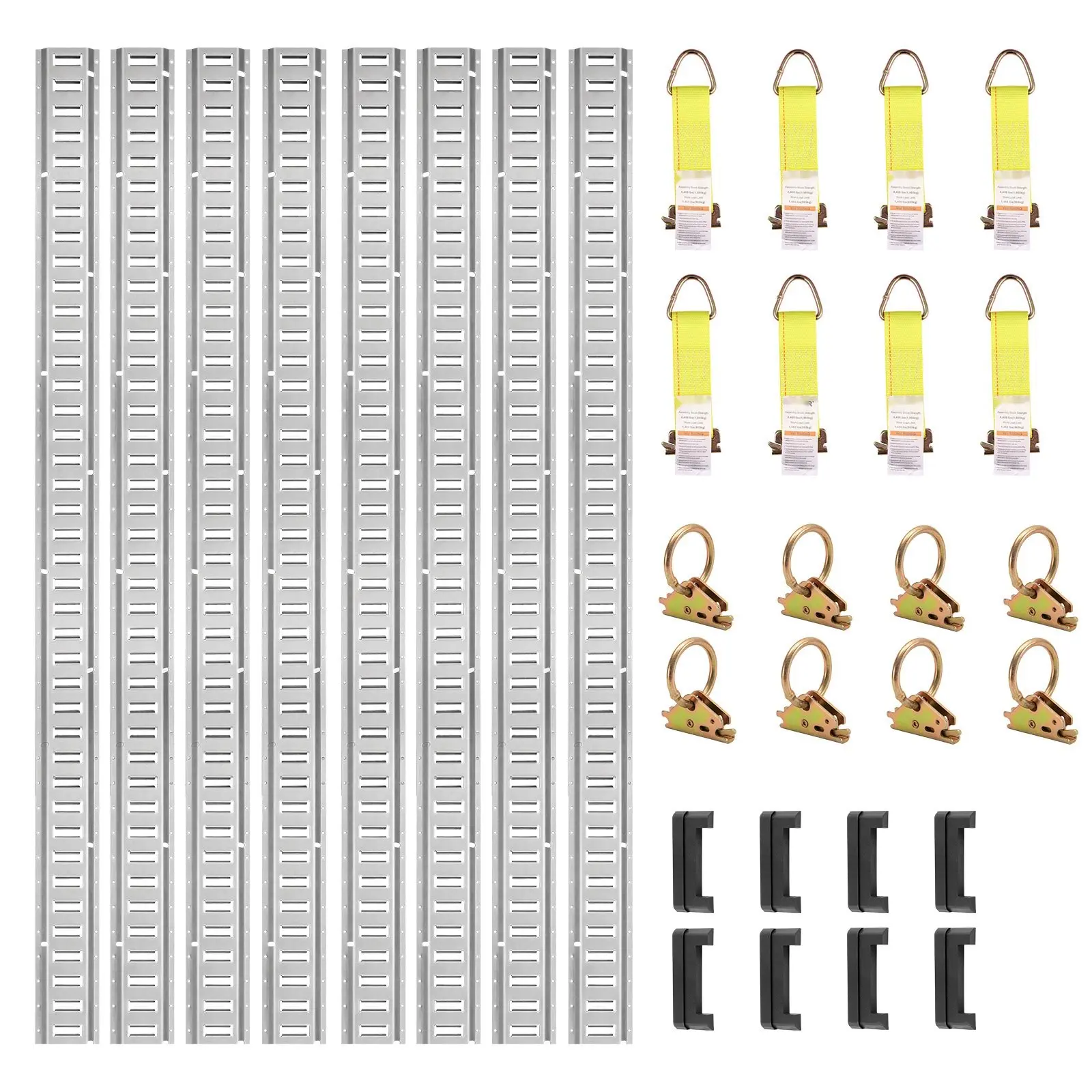 E-Track Tie-Down Rail Kit, 34-Piece, 5-Foot Set With 8 Steel Rails, 2 Single-Slot Rails, 8 O-Rings, 8 Tie-Offs, D-Ring, End Caps; Securing Accessories For Cargo Motorcycles And Bikes For Vans Trailers Trucks SUVs Boats And ATVs