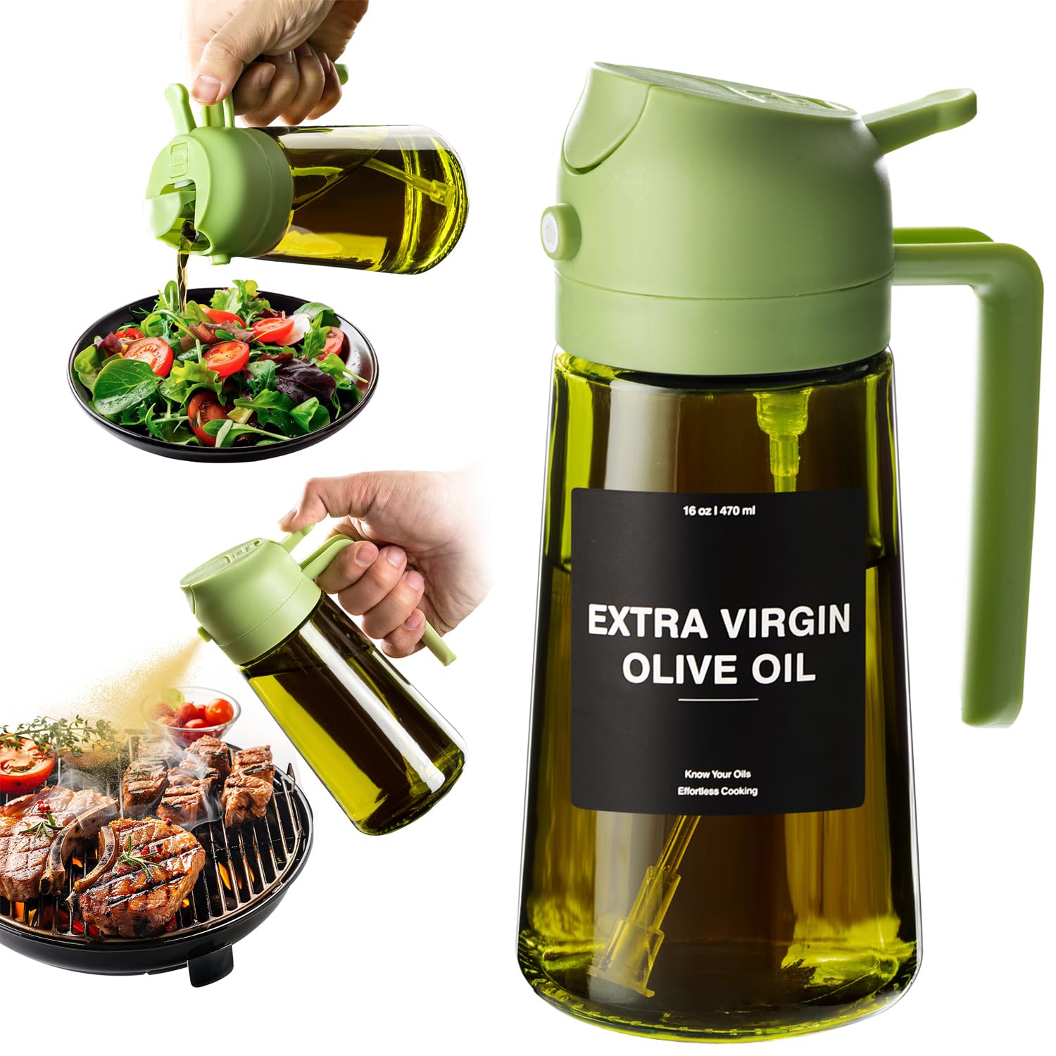 16 oz Glass Oil Spray Bottle, 2-in-1 Olive Oil Sprayer and Kitchen Cooking Oil Dispenser with 470 ml Aroma Mist Spray and Pour Design for Home Use #GLOBAL PICKS