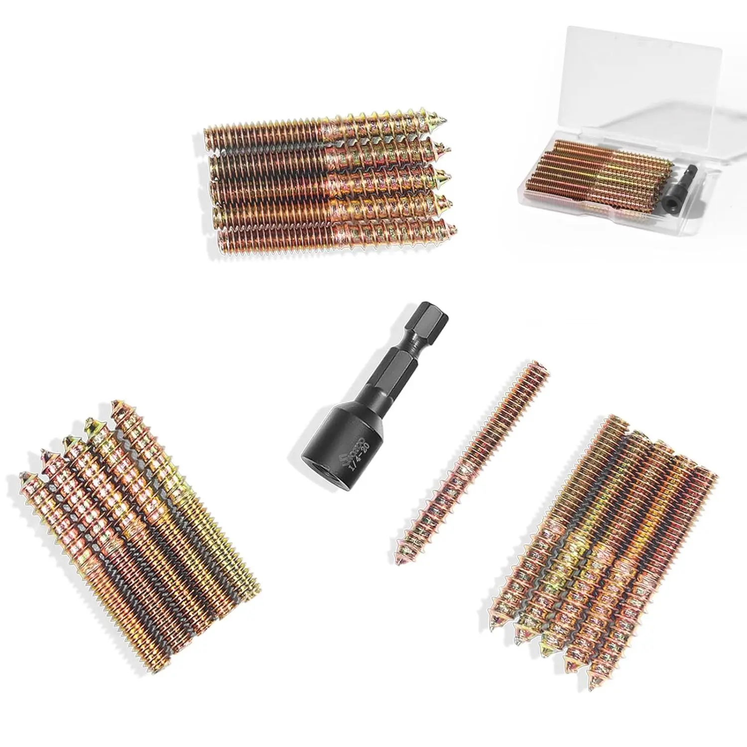 16PCS 1/4"-20 x 2 Hanger Bolts Kit & 1PCS 1/4"-20 Hanger Bolt Driver with 1/4 Hex Shank,Double-Headed Screws,Self-Tapping Screw,Wood Dowel Screw,Suitable for Assembling Furniture