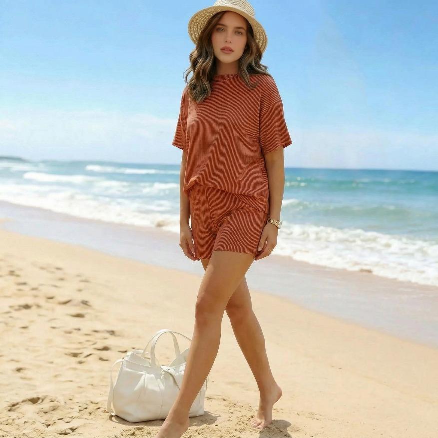 Summer Women's Ribbed Knit Lounge Set - Short Sleeve Crew Neck Top & High Waisted Shorts with Pockets, Soft Pajamas Loungewear Mother's Day Gift Summer Women's Ribbed Knit Lounge Set - Short Sleeve Crew Neck Top & High Waisted Shorts with Pockets, Soft Pajamas Loungewear Mother's Day Gift