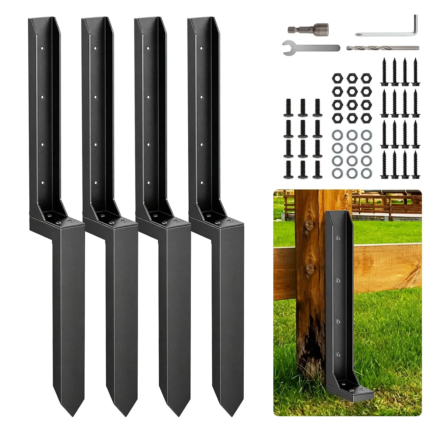 4 Pcs Fence Post Repair Kit,4*4/6x6 Fence Post Support,Heavy Duty Post Anchor Ground Spike with Double-Layer Thickened Fence Post Anchor & Stakes for Repair Tilted, Broken Wood Fence Post