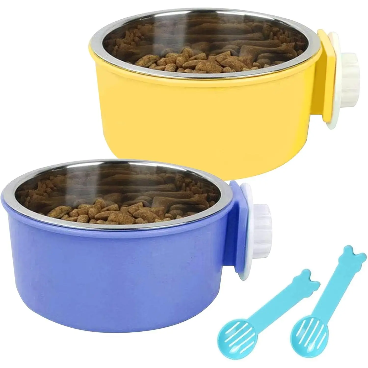 2-Pack   Bowls with Removable Stainless Steel Feeder - Spill-Proof Crate Bowls for Kennel/Cage, Puppy to Medium Dogs, Cats, Rabbits & Guinea Pigs (Durable  & Water Dishes)