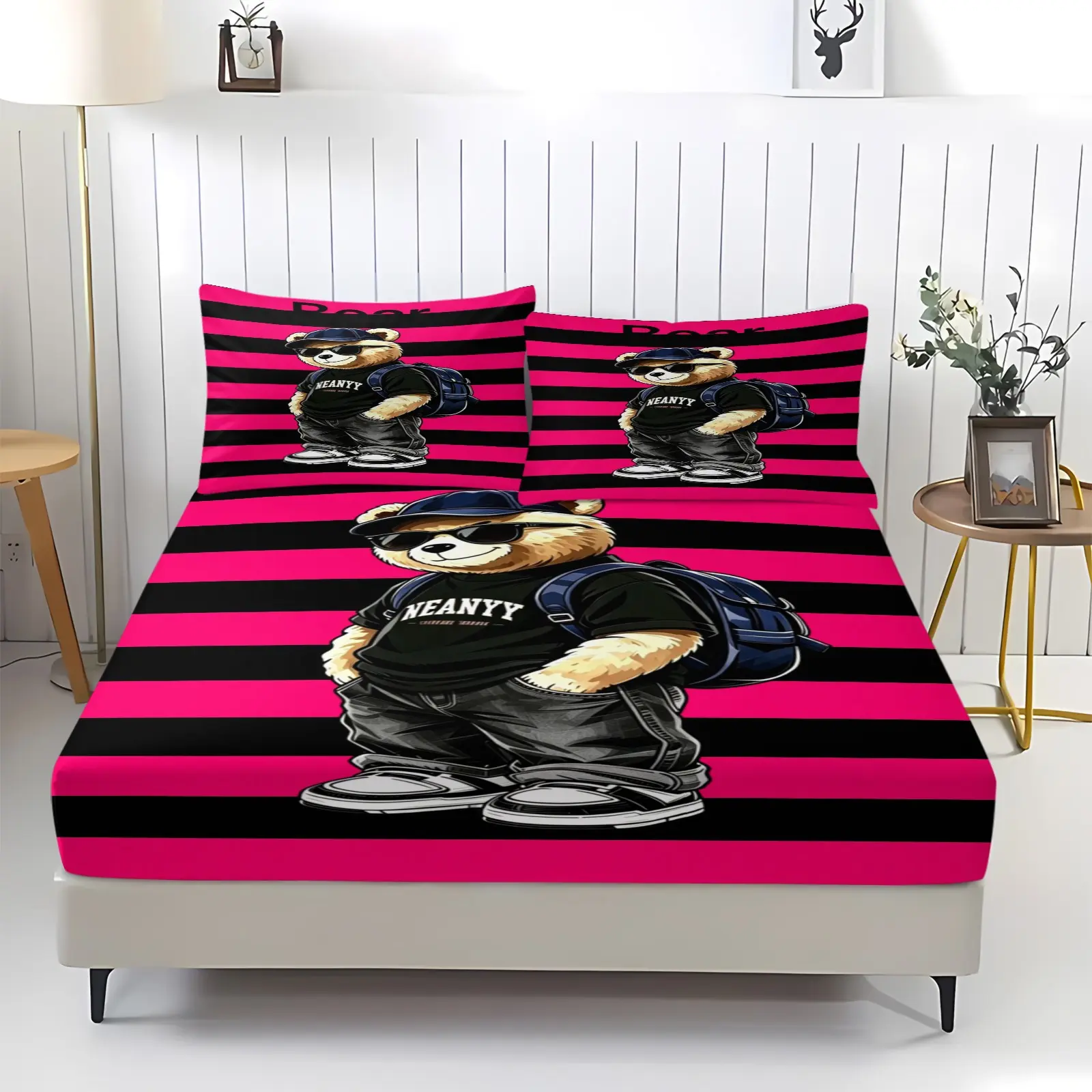 Trendy teddy bear printed pattern bed sheet, including 1 bed sheet and 2 pillowcases, anti slip dust cover suitable for bedrooms and guest rooms, suitable for personal use or gift giving