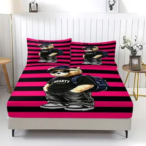 Trendy teddy bear printed pattern bed sheet, including 1 bed sheet and 2 pillowcases, anti slip dust cover suitable for bedrooms and guest rooms, suitable for personal use or gift giving