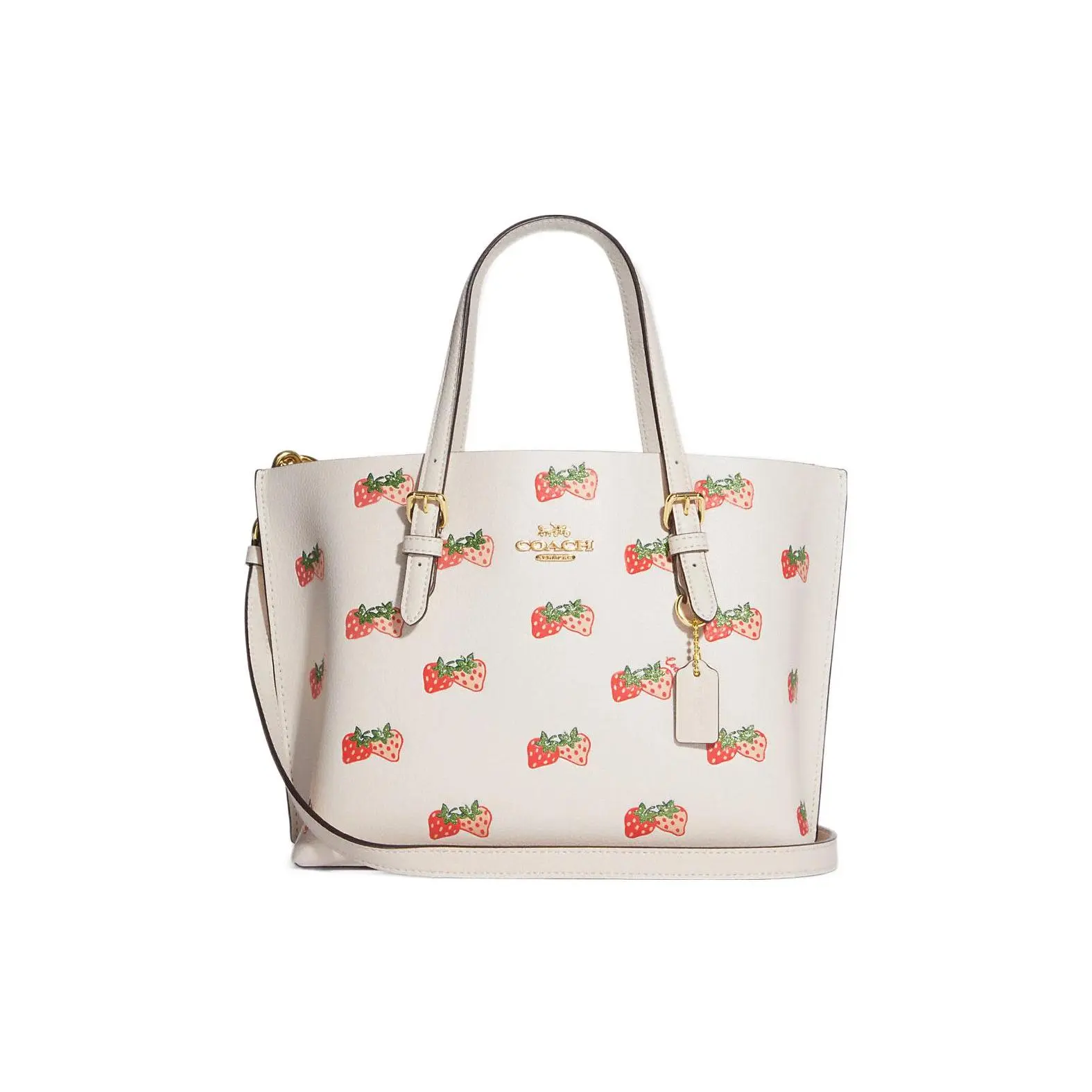 Coach Mollie Strawberry Print Top-Zip Tote Bag for Women, Dual-Side Leather, White and Pink