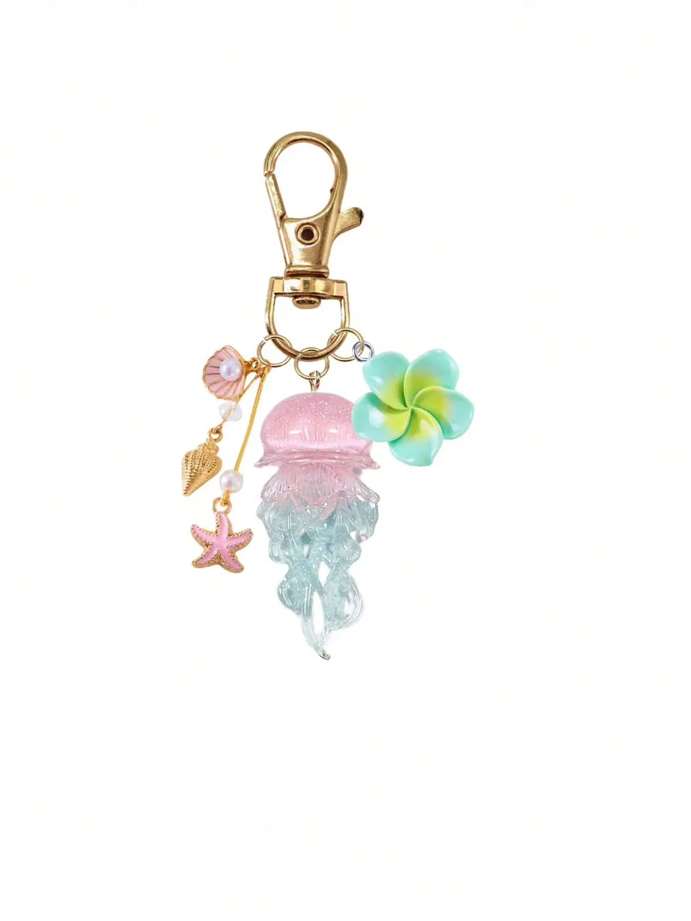 Gradient Jellyfish Flower Keychain, Cute Blue Jellyfish Pendant with Pearl Shell Decor, Perfect for Beach Vacations and Daily Use