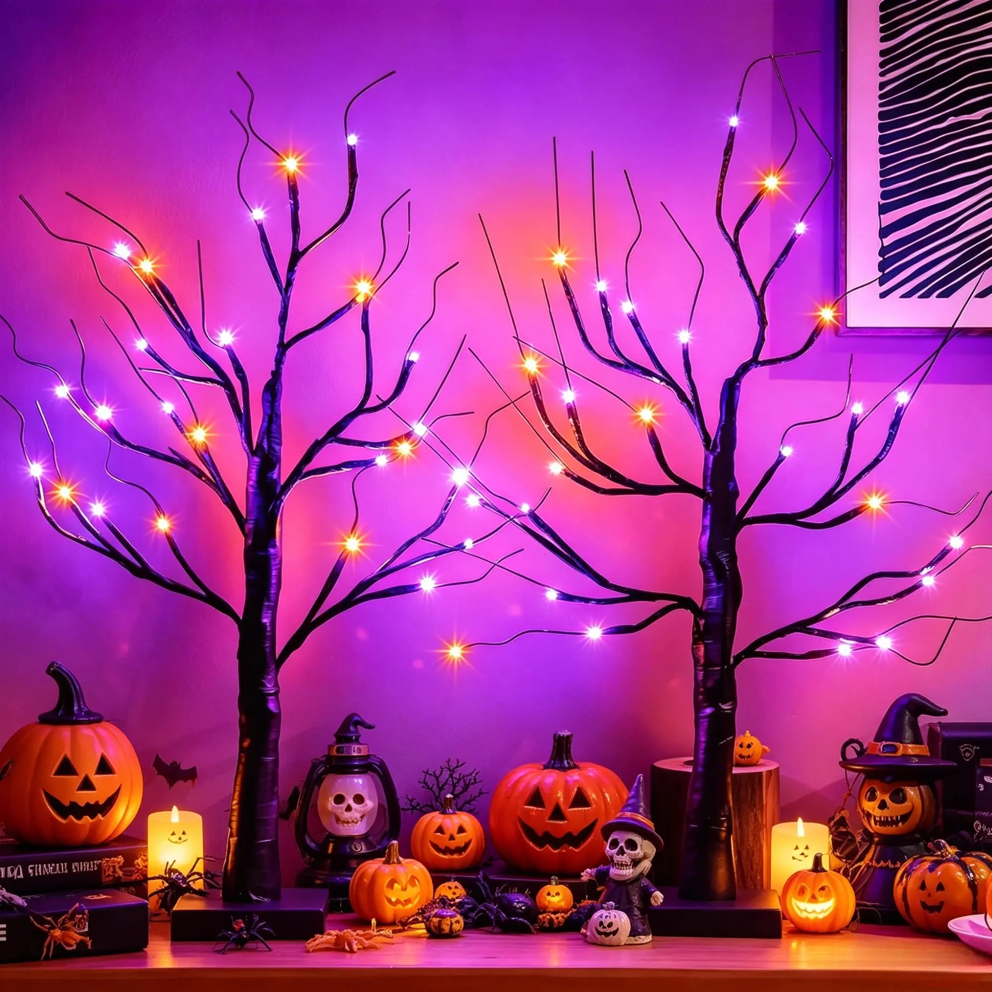 1/2 Pack 24 Inch Black Halloween Ghost Tree Light with 24 LEDs Orange & Purple Lights, USB & Battery Powered, DIY Hanging Ornament Table Lamp for Bedroom Haunted House Thanksgiving Autumn Seasonal Home Party Decor (Battery Not Included)