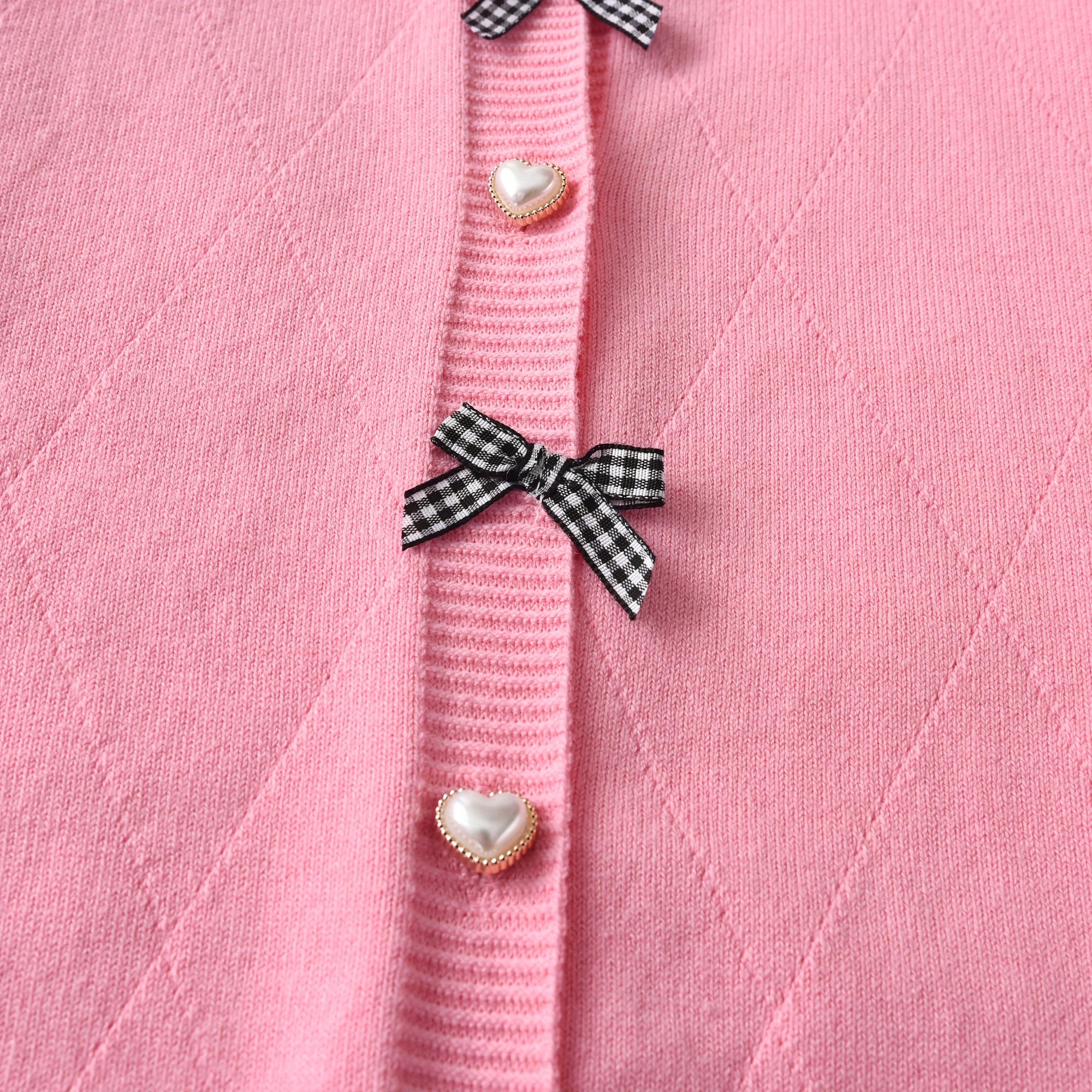 Girls' Elegant Knit Cardigan Sweater - Beige & Black Bow Accent Sweater, Soft Long Sleeve Button-Front Closure, Warm Breathable Sweater for Spring/Fall, Perfect for Everyday, Parties, School, and Outdoor Activities - Girls' Sweater, Party Outfit, Classic