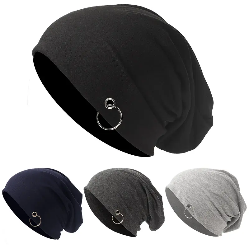 Unisex Korean Fashion Solid Color Silver Ring Thin Knit Slouchy Beanie Breathable Lightweight Head Wrap Skull Cap for Hip Hop Street Dance Shopping Travel Daily Casual Wear