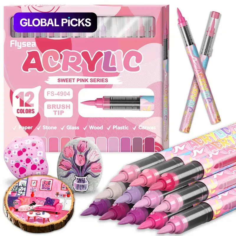 12 Colors Acrylic Paint Markers,Vibrant Color,Soft Brush Tip Water Based, Fine Tip Markers for Wood, Canvas, Rock Painting, Glass, Diy Crafts, Fabric Paint, Art supplies, Acrylic Marker Pens, Paint Markers Set #GLOBAL PICKS