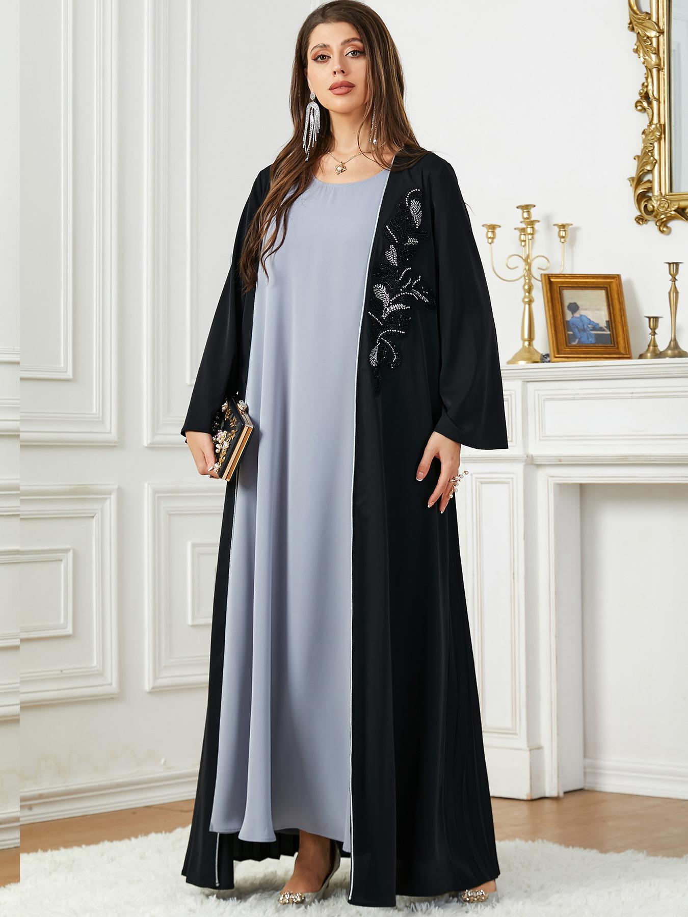 Women's Floral Embroidery Faux Pearl Decor Pleated Kimono Sleeve Abaya, Elegant Long Sleeve Open Front Abaya for Daily Wear, Ladies Islamic Clothing for All Seasons, Modesty Muslim Clothing, Floral Embellished Abaya