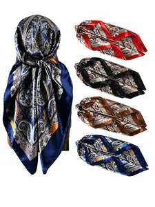 Vintage Paisley Border Satin Silk Square Scarf, Boho Style Fitted Design, All Seasons Accessory, Elegant Silk Scarf for Women