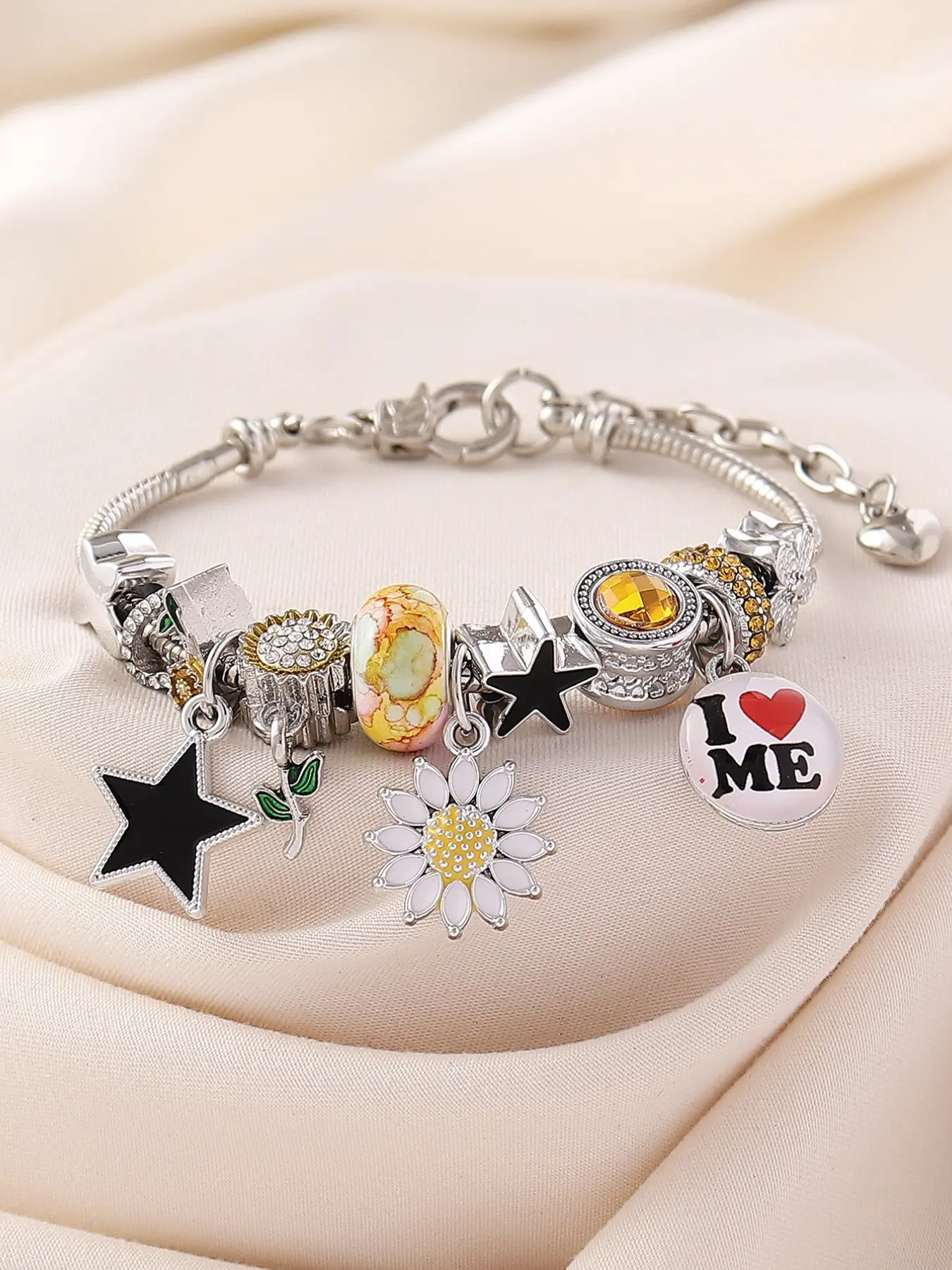 Elegant Cute Luxury Fashion Adjustable Copper Bracelet, Sunflower Star Heart Letter Pendant, Perfect Gift for Parties and Birthdays