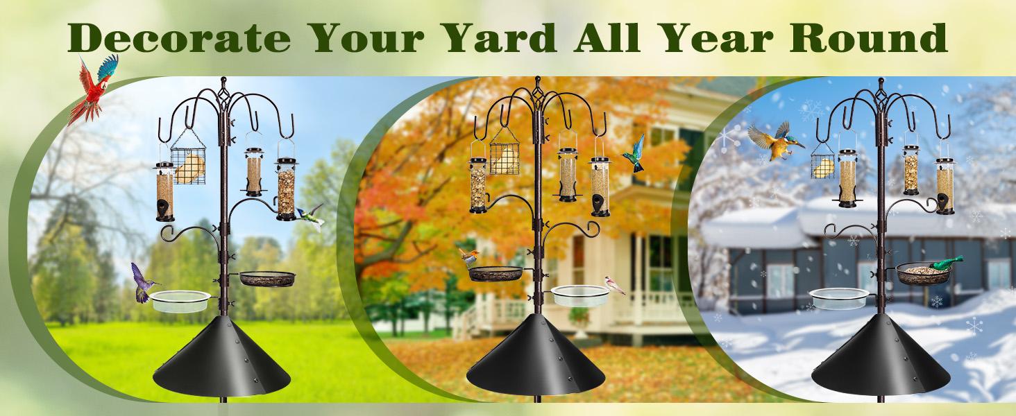 94-Inch 6-Hook Wild Bird Feeding Station Kit, Multi-Feeder Kit Outdoor Stand Pole with Water Bowl, Mesh Tray and Squirrel Guard Baffle, Pole Shape
