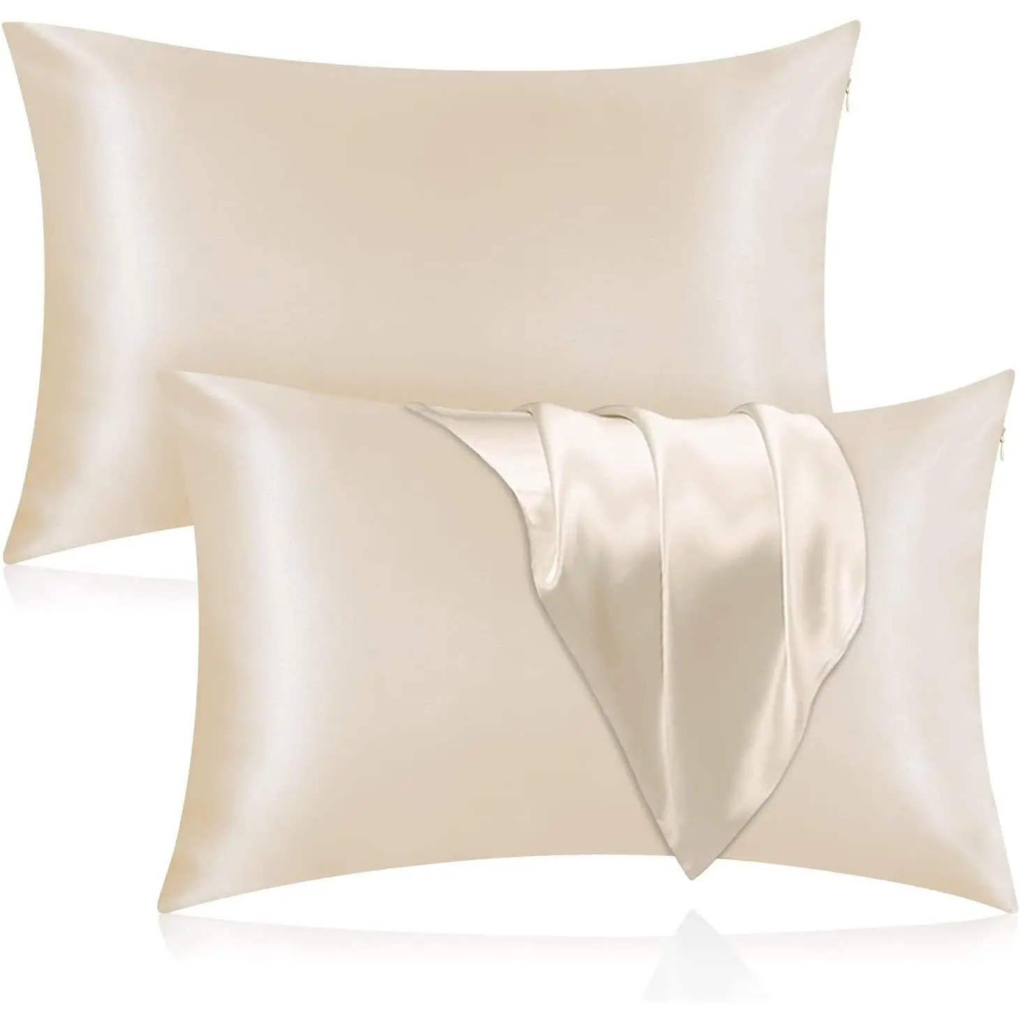2 Pack 100% Mulberry Silk Pillowcase for Hair and Skin, 25 Momme, 600 Thread Count, Double-Sided Pure Silk Pillow Cover with Hidden Zipper, Beige, Standard 20"×26"Gift