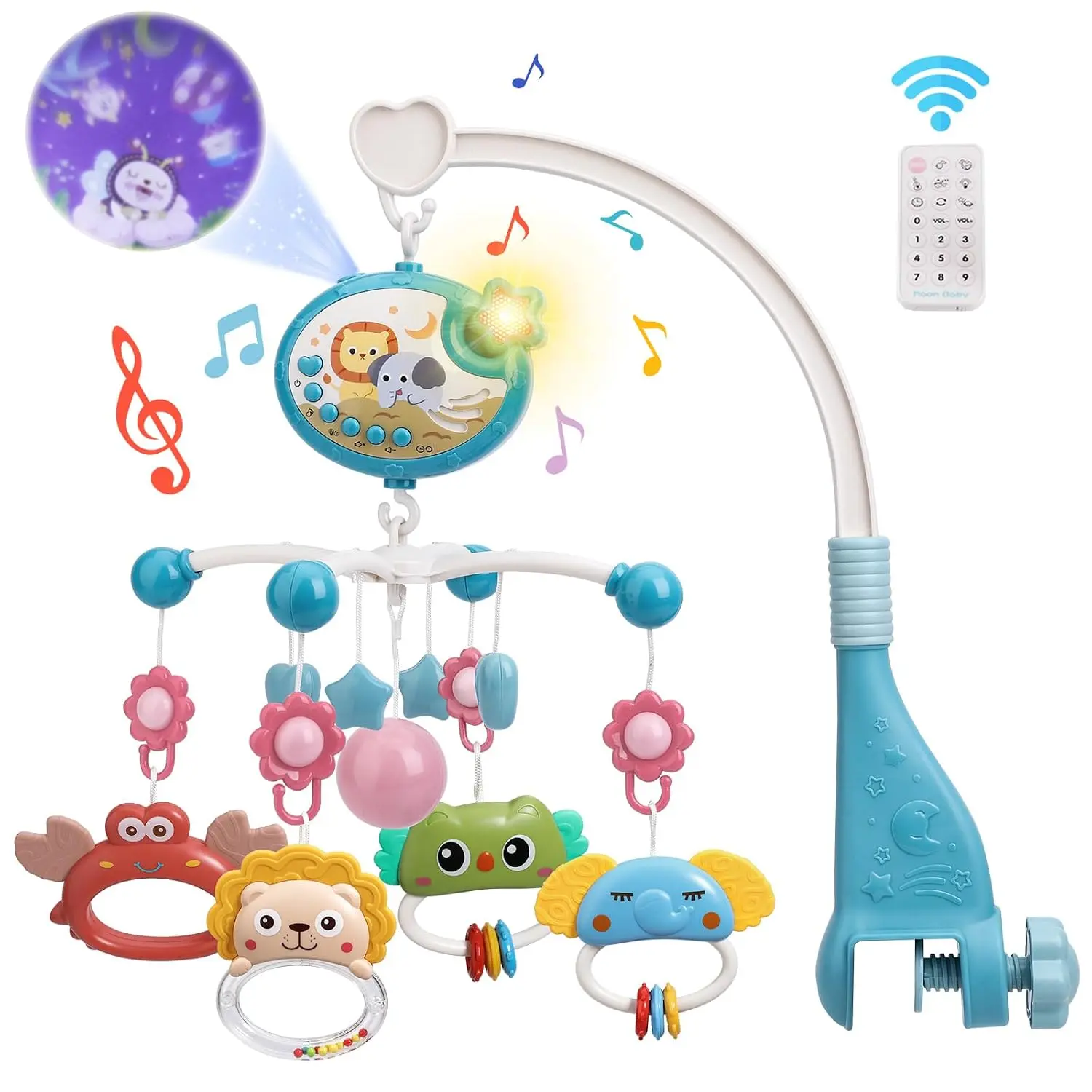 Baby Crib Mobile with 400 Lullabies & Star Projection Blue |   Timing Function, Night Light, Remote Control, Hanging Rotating Rattle Bassinet Crib Toys for Boys Girls