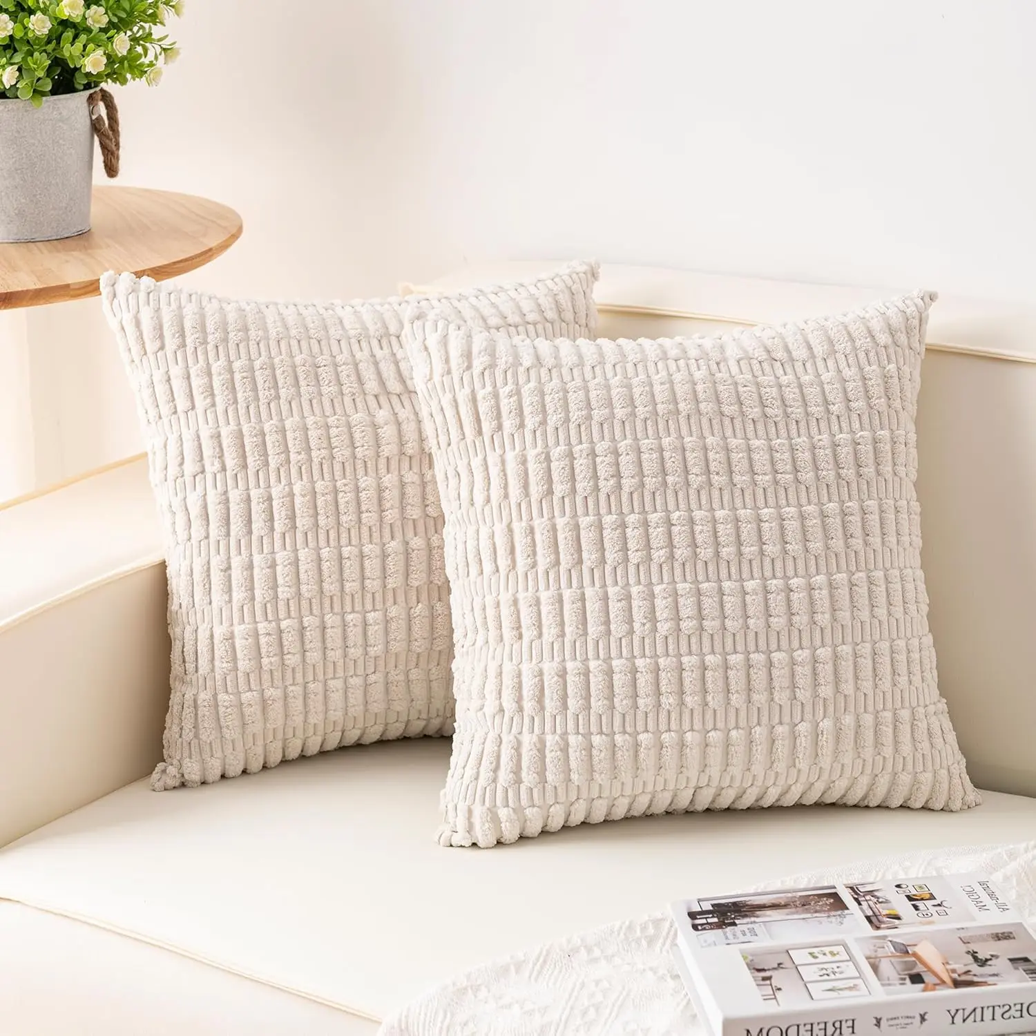Pack of 2 18x18 Inch Corduroy Decorative Throw Pillow Covers, Soft Striped Pillow Covers for Modern Farmhouse Home Decor, Fit Sofa Living Room Couch Bed, Cream White